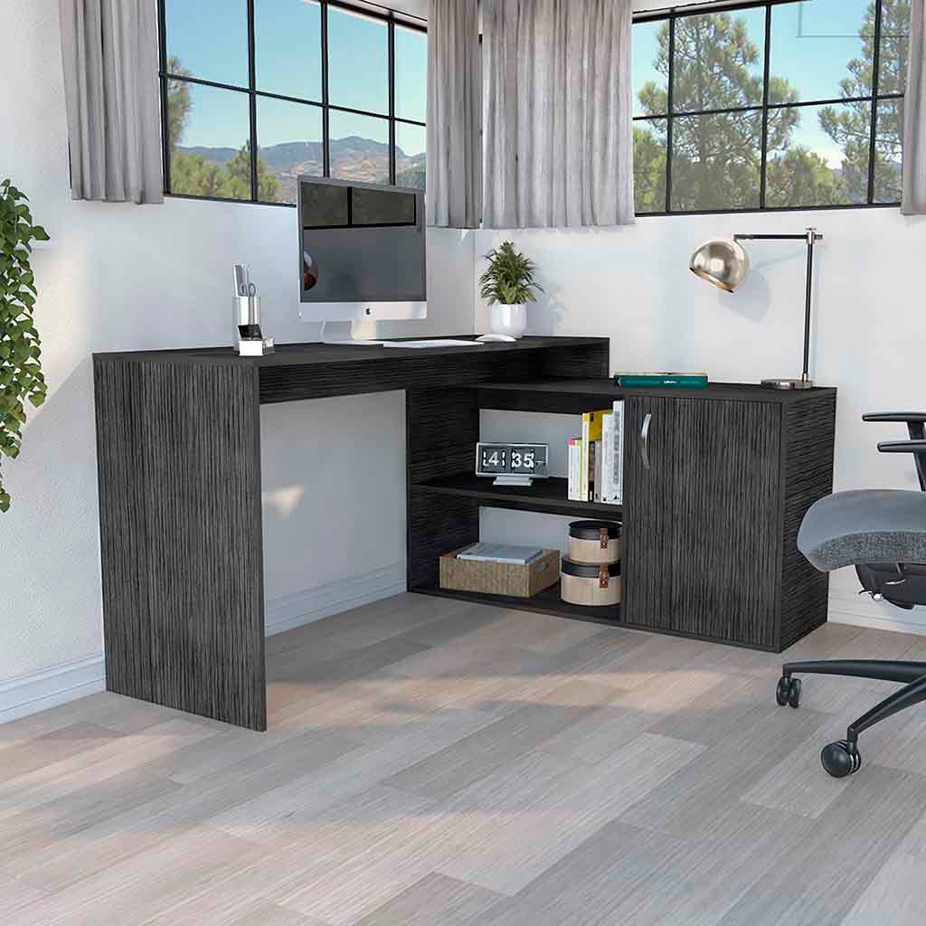 Angle. APRILSOUL - Axis Modern L-Shaped Computer Desk with Open and Closed Storage -Smokey Oak - Gray.