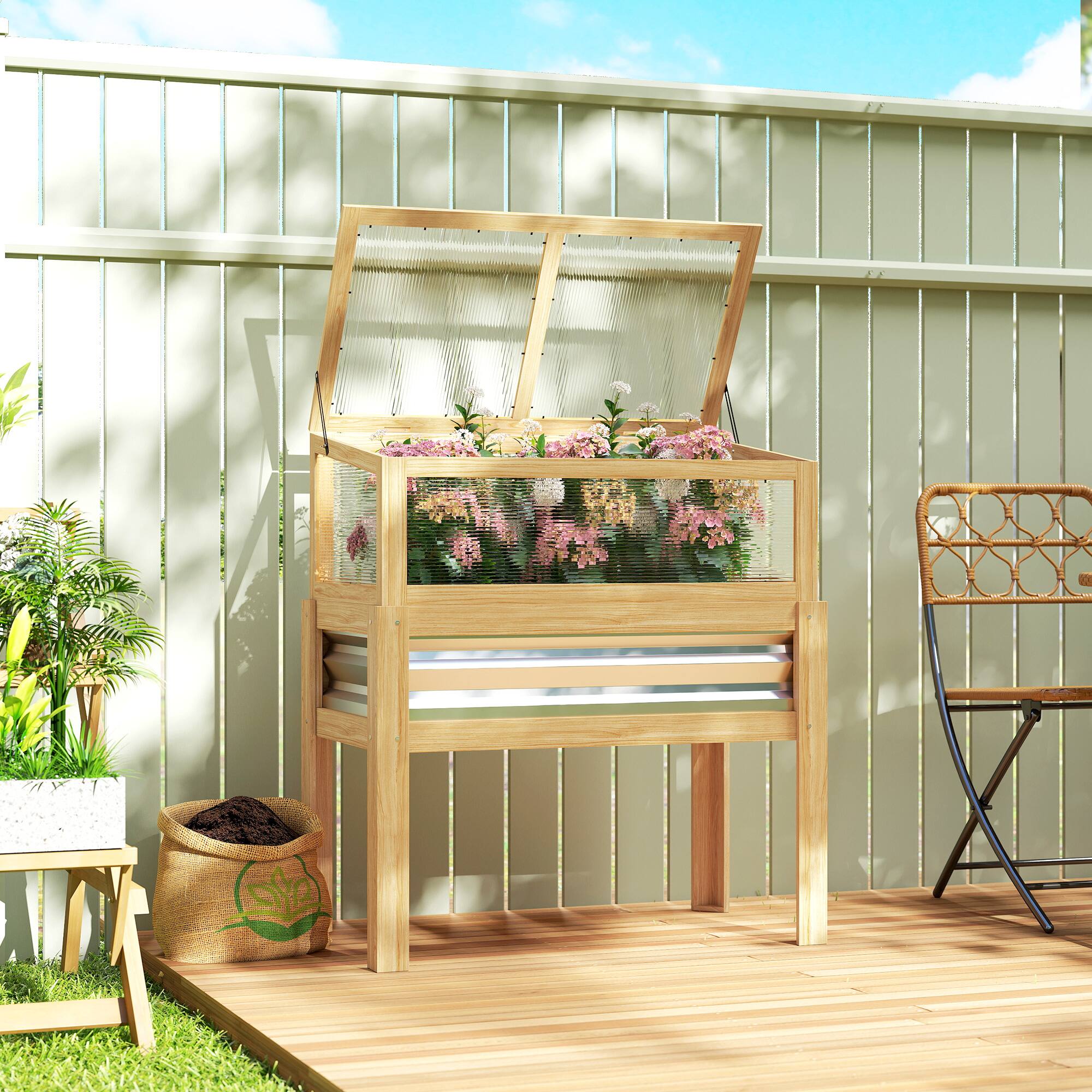 Alt View 1. Outsunny - Wooden Raised Garden Bed with Detachable Greenhouse Top, Raised Garden Bed with Legs and Bed Liner.