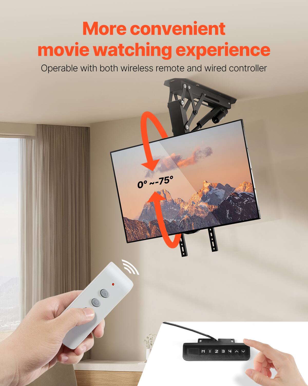 More convenient movie watching experience  
Operable with both wireless remote and wired controller  
0° ~-75°