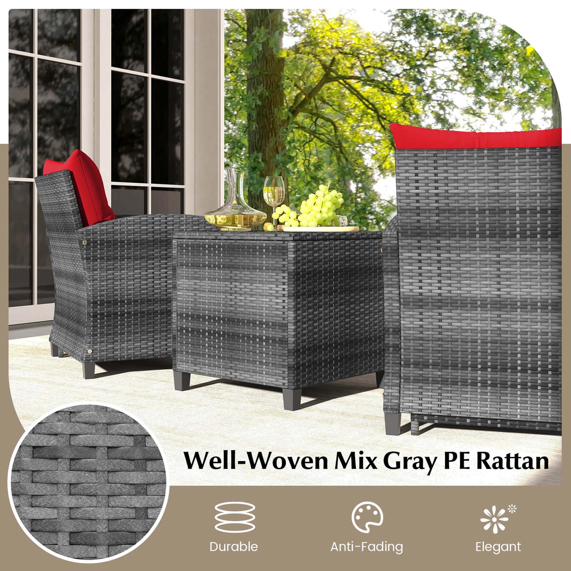 Well-Woven Mix Gray PE Rattan  
Durable  
Anti-Fading  
Elegant