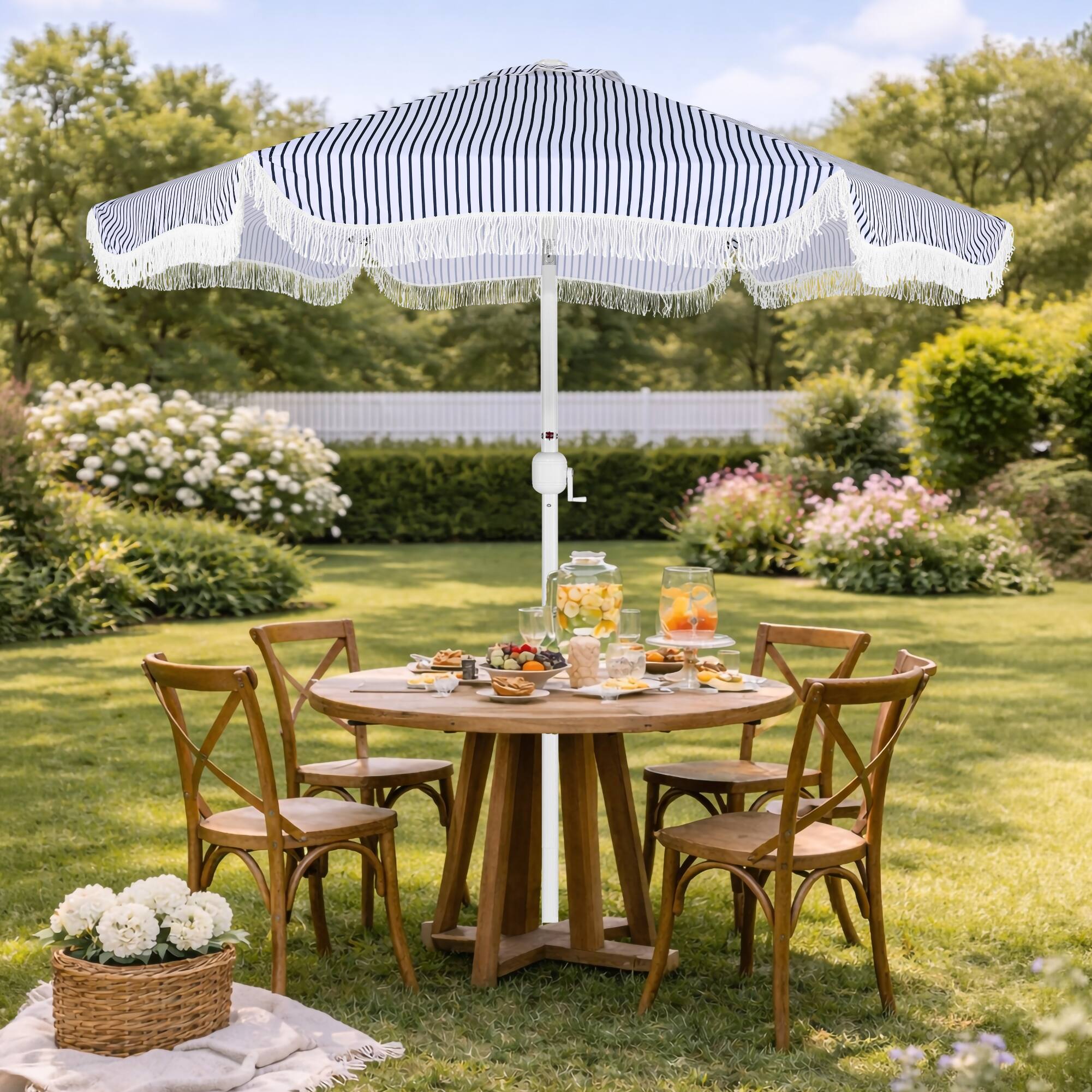 Alt View 8. Best Choice Products - Best Choice Products 9ft Fringe Market Umbrella  Boho Patio Sunshade w/ Tilt, UPF50+ - Navy Pinstripe - Navy Pinstripe.