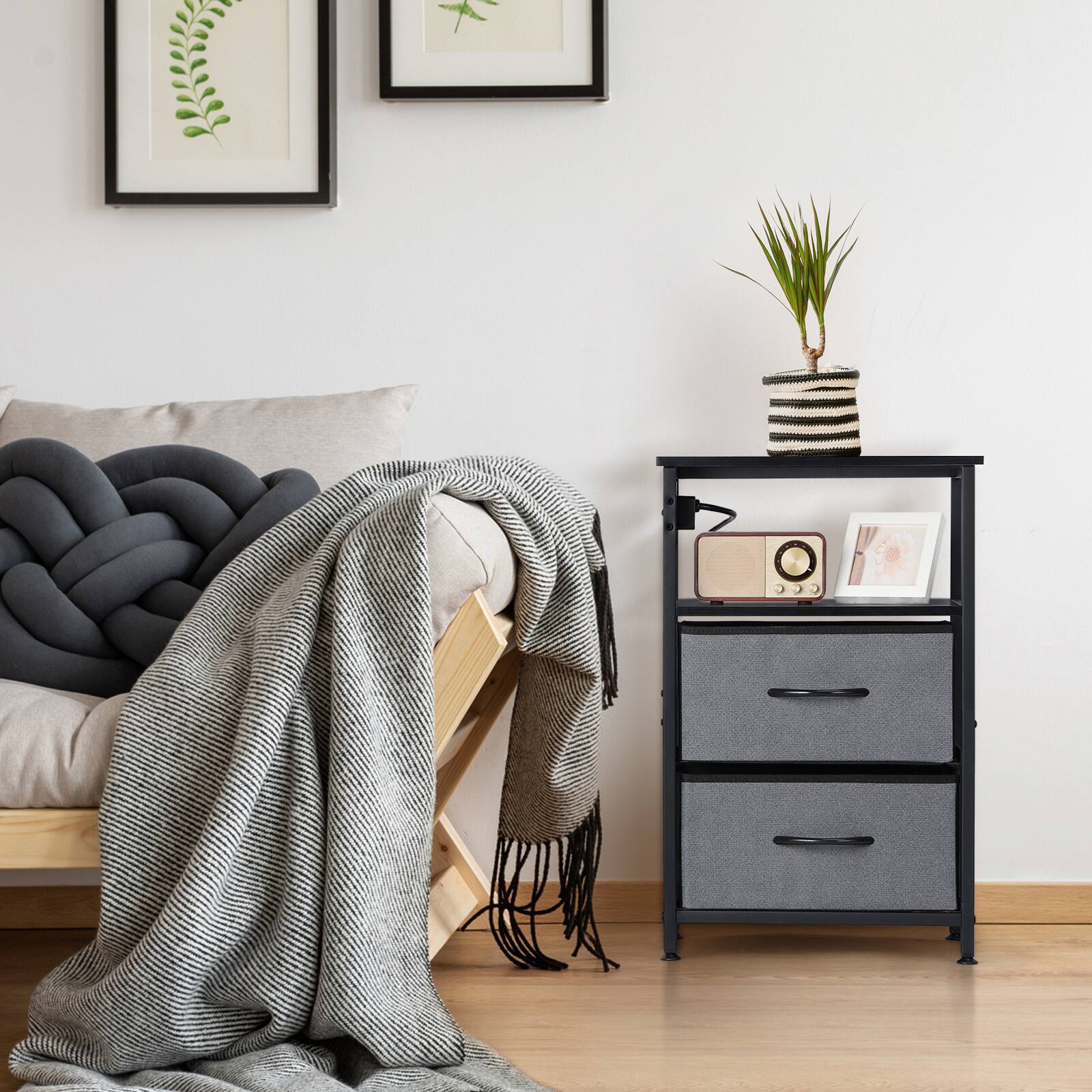 Alt View 2. Oumilen - Wood Nightstand with Built-in Charging Station & 2 Fabric Drawers, Black - Gray.