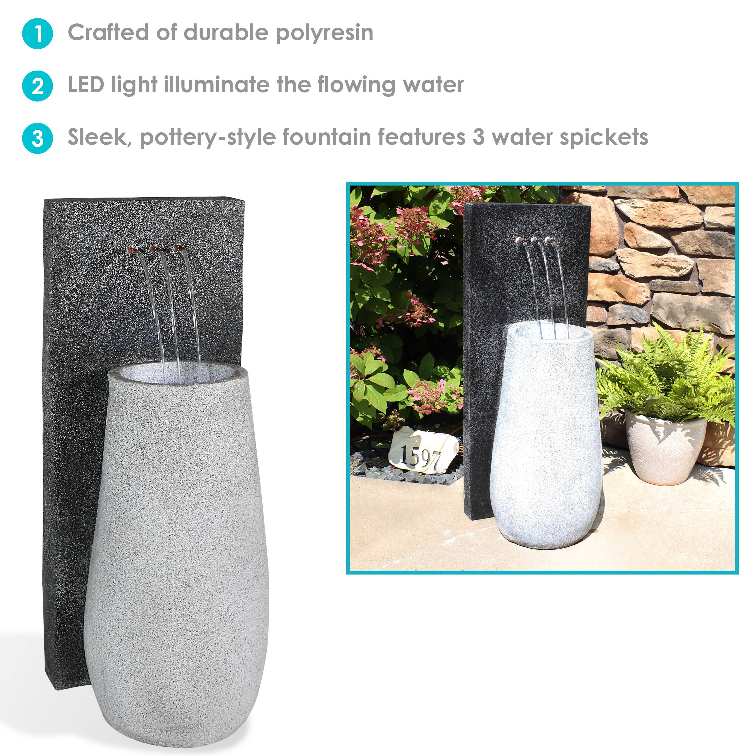 1. Crafted of durable polyresin
2. LED light illuminate the flowing water
3. Sleek, pottery-style fountain features 3 water spickets