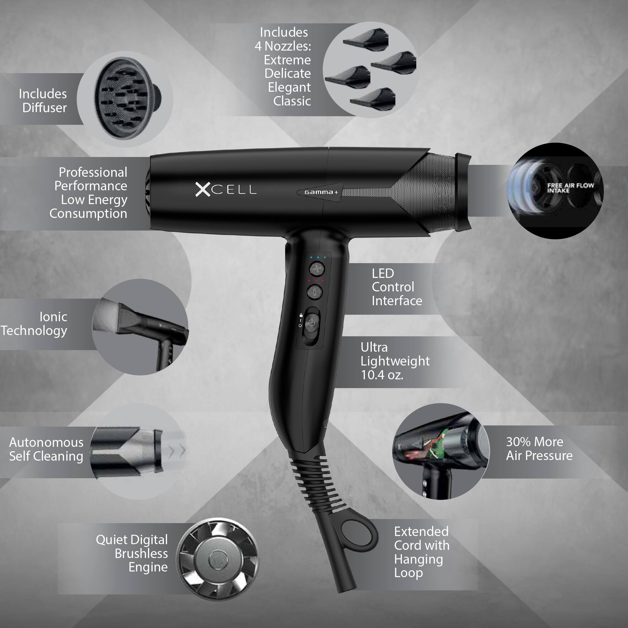 - Includes Diffuser
- Includes 4 Nozzles: Extreme, Delicate, Elegant, Classic
- Professional Performance
- Low Energy Consumption
- Ionic Technology
- LED Control Interface
- Ultra Lightweight 10.4 oz.
- Autonomous Self Cleaning
- Quiet Digital Brushless Engine
- Extended Cord with Hanging Loop
- 30% More Air Pressure
- FREE AIR FLOW INTAKE
- NTAKE Technology