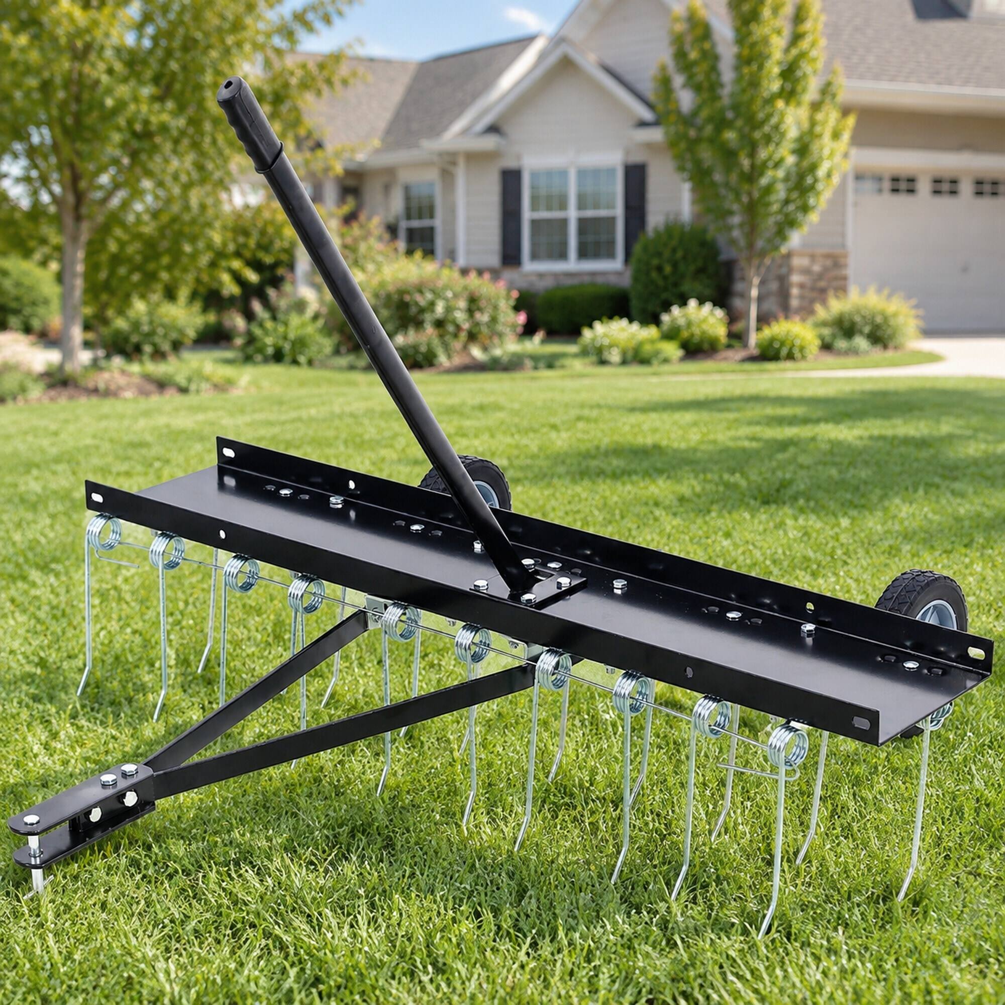 Back. RYHNUYNE - 40-Inch Tow Behind Dethatcher, Lawn Sweeper Attachment, 20 Heat-Treated Tines, 7-Inch Flat Free Wheels, 70 lbs Weight - Black.