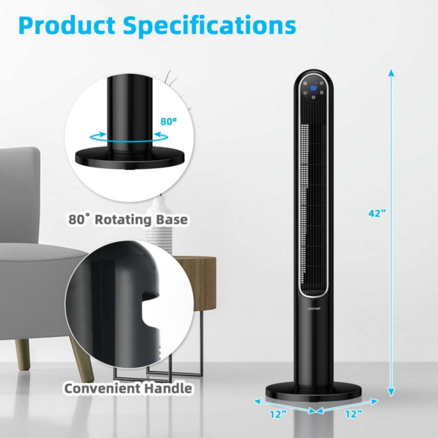 Product Specifications

- 80° Rotating Base
- 42" Height
- Convenient Handle
- 12" Width
- 12" Depth