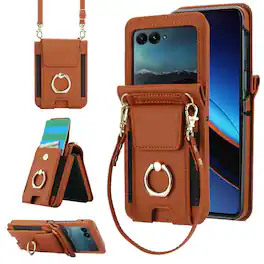 Dteck - For Samsung Galaxy Z Flip8 Shockproof Leather Ring Kickstand Protective Wallet Case with Shoulder Strap / Lanyard - Brown