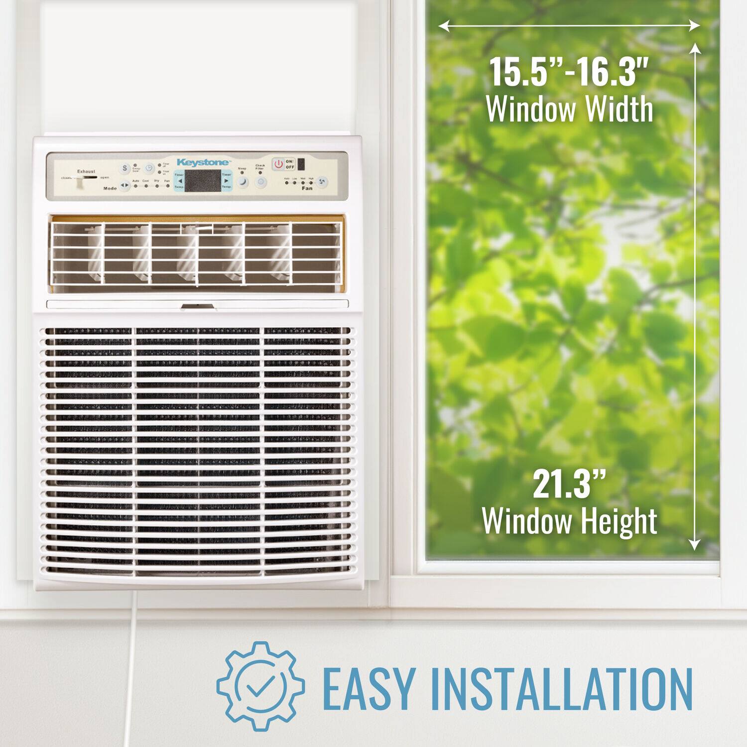 The text on the image is grouped and corrected as follows:

15.5"-16.3" Window Width Cowoe 5 Y Keystone I + I U - i - io 21.3" Window Height EASY INSTALLATION