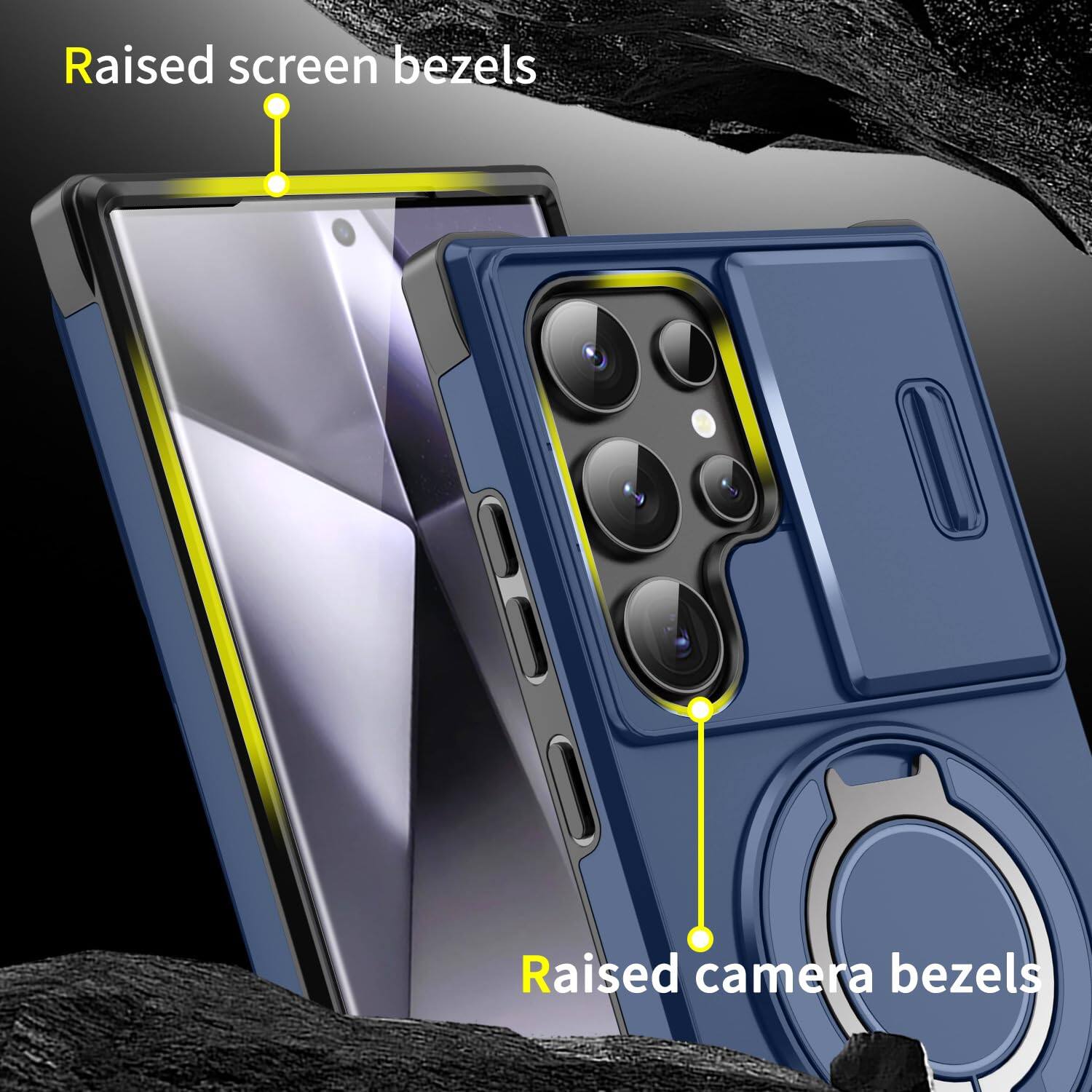 Raised screen bezels  
Raised camera bezels