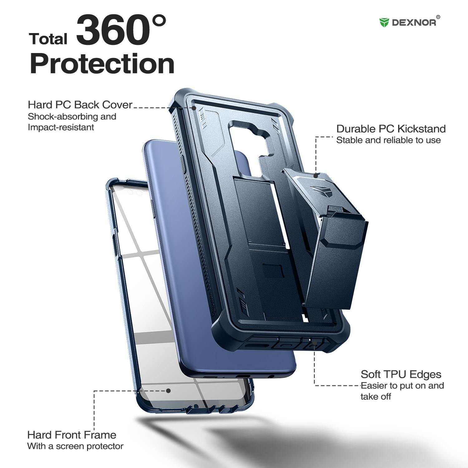 Total 360° Protection

- Hard PC Back Cover
  - Shock-absorbing and Impact-resistant

- Durable PC Kickstand
  - Stable and reliable to use

- Soft TPU Edges
  - Easier to put on and take off

- Hard Front Frame
  - With a screen protector
