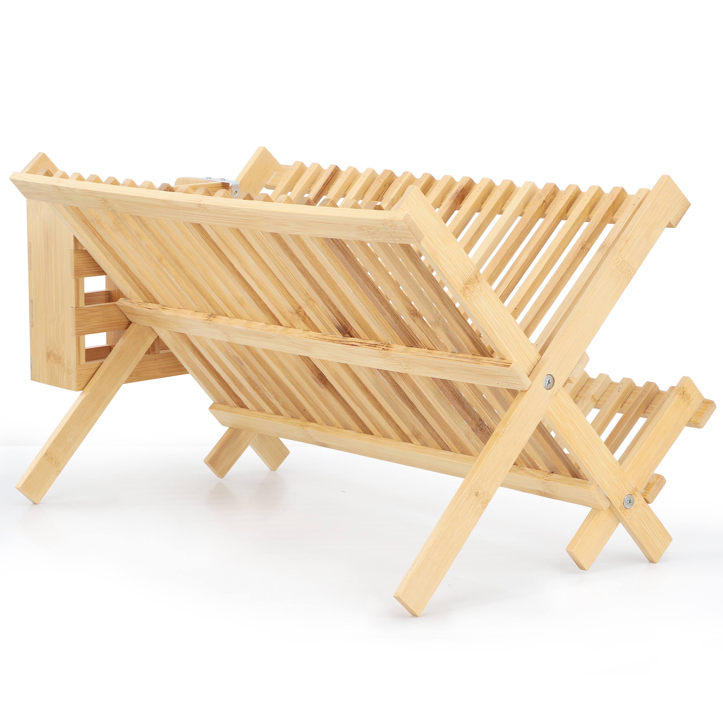 Left. MegaChef - MegaChef 2 Tier Collapsible Kitchen Bamboo Drying Dish Rack with Utensil Holder - Brown.