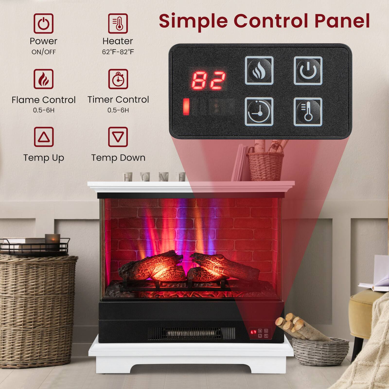 Simple Control Panel, Power ON/OFF, Heater 62F-82F, Flame Control, Timer Control 0.5-6H, Temp Up, Temp Down