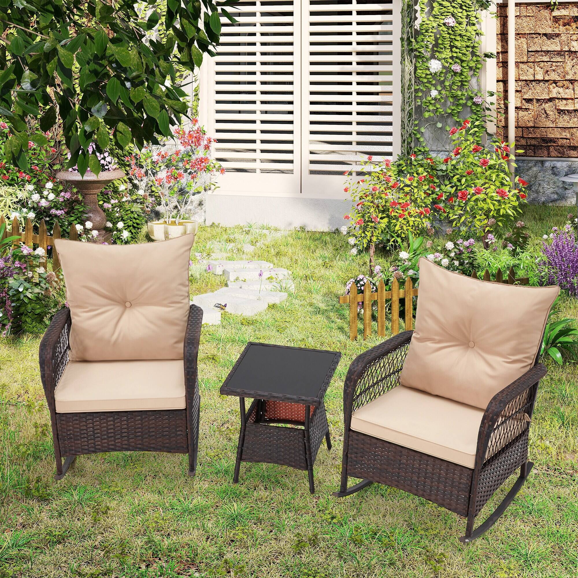 Alt View 6. U-HOMY - 3-Piece PE Rattan Rocking Chair Patio Set with Cushions & Coffee Table, Rattan Outdoor Furniture - Beige.