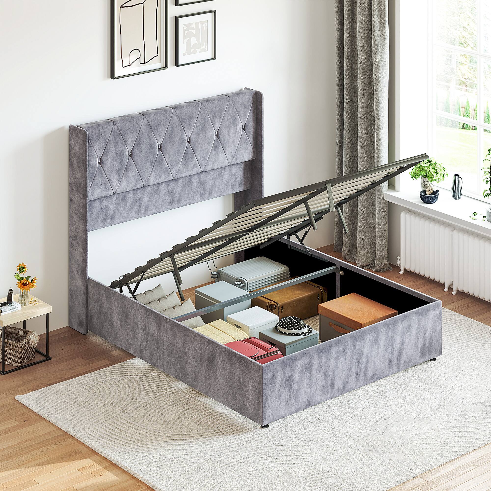Front. AENKYO - Queen Size Bed Frame with Lift-Up Storage Upholstered Platform Bed No Box Spring Needed/Easy Assembly - Gray.