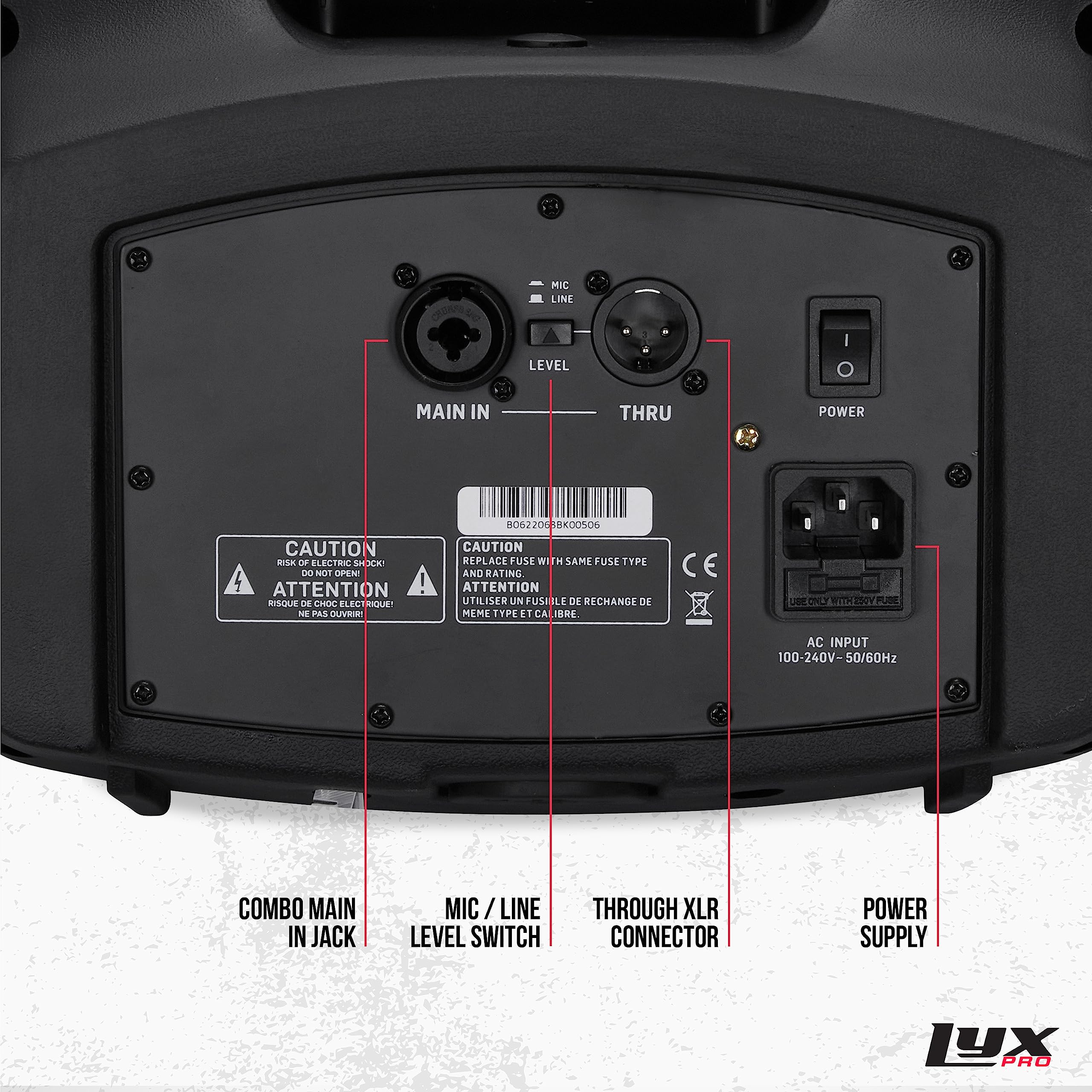 MIC LINE LEVEL I O MAIN IN THRU POWER CAUTION SK  ELECIO 3  be NOT OPEN! ATTENTION ! RISUAE  CRsa ELEC RQUET NE PAS JUVES 062206 HKDOS06 CAUTION REPLACE FUSE WI TH SAME FUSE TYPE AND RATING ATTENTION UTILISER UN FUS ILE DE RECHANGE DE MEME TPE F1 CA JURE CE USE ONLY OLESA AC INPUT 100-240V-50/60Hz COMBO MAIN IN JACK MIC / LINE LEVEL SWITCH THROUGH XLR CONNECTOR POWER SUPPLY 1YX PRO