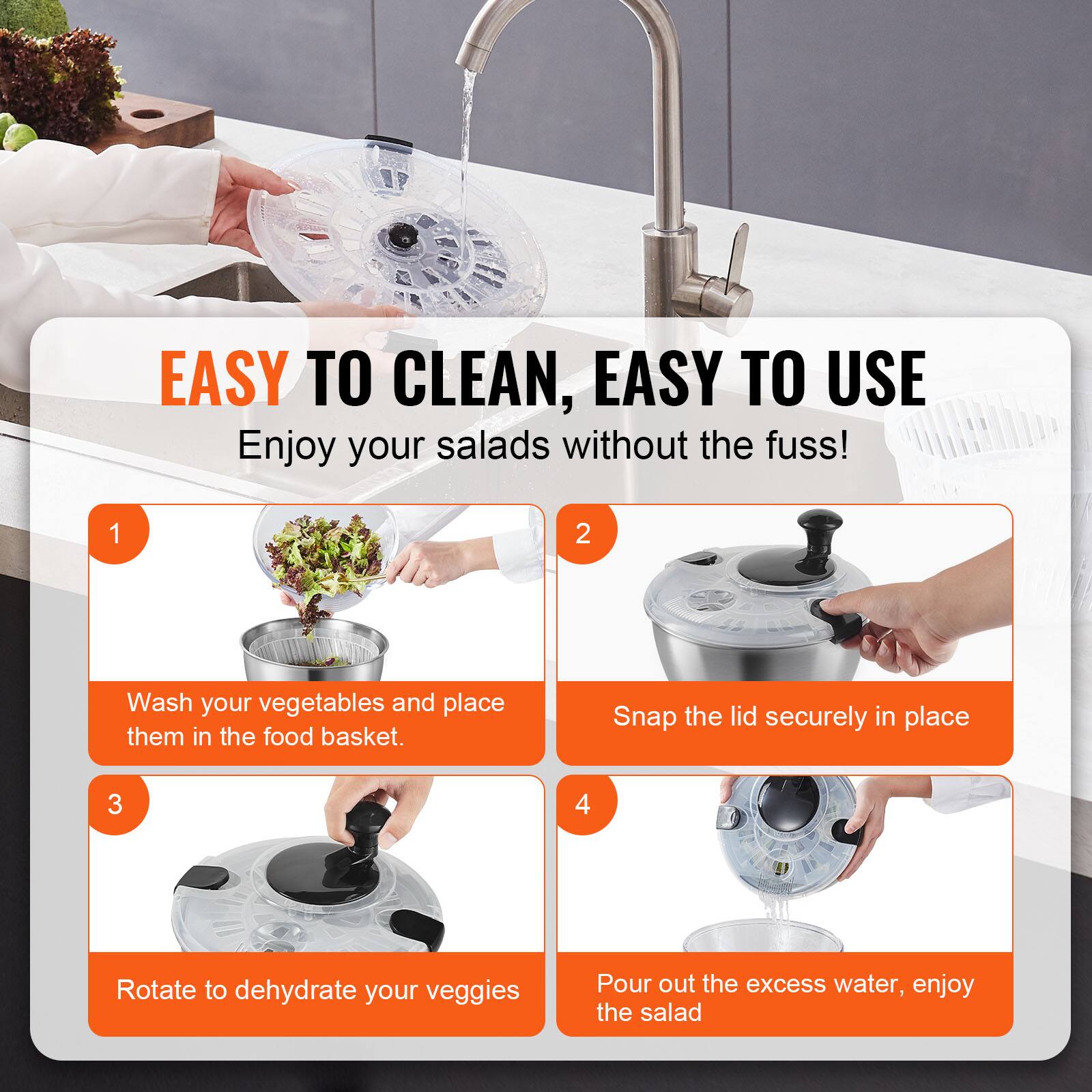 EASY TO CLEAN, EASY TO USE  
Enjoy your salads without the fuss!

1. Wash your vegetables and place them in the food basket.
2. Snap the lid securely in place.
3. Rotate to dehydrate your veggies.
4. Pour out the excess water, enjoy the salad.