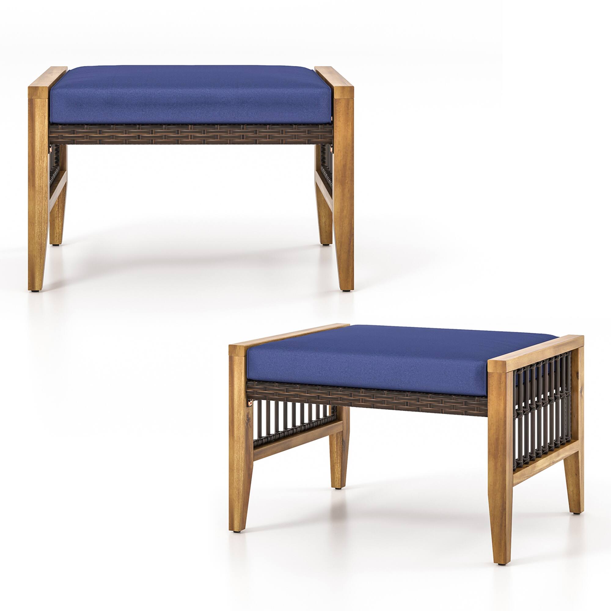 Alt View 9. Gymax - Gymax 2PCS Acacia Wood Outdoor Patio Ottoman Footstool w/ Removable Cushion - Navy.