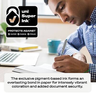 uni Super Ink  
PROTECTS AGAINST  
WATER FADING FRAUD  

The exclusive pigment-based ink forms an everlasting bond in paper for intensely vibrant coloration and added document security.
