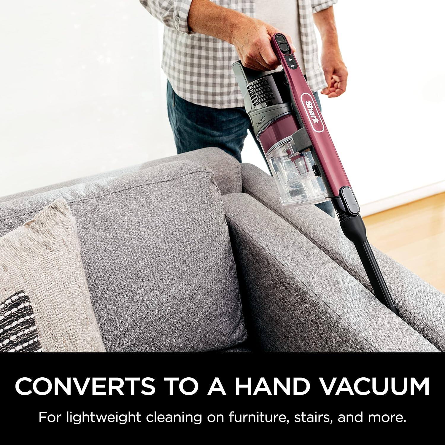 Shark CONVERTS TO A HAND VACUUM For lightweight cleaning on furniture, stairs, and more.