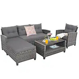 Costway - 4PCS Patio Rattan Furniture Set Cushioned Loveseat Table Shelf - Gray
