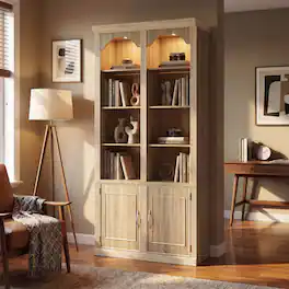 FUFU & GAGA - Tall Arched Display Cabinet with LED Lights, Wooden Bookcase with Storage Doors, 43" Wide Cabinet for Home Office - Light Oak