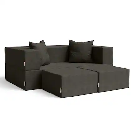 Front. Jaxx - Jaxx Zipline Convertible Sleeper Loveseat & Ottomans, Textured Microvelvet - Charcoal - Charcoal.