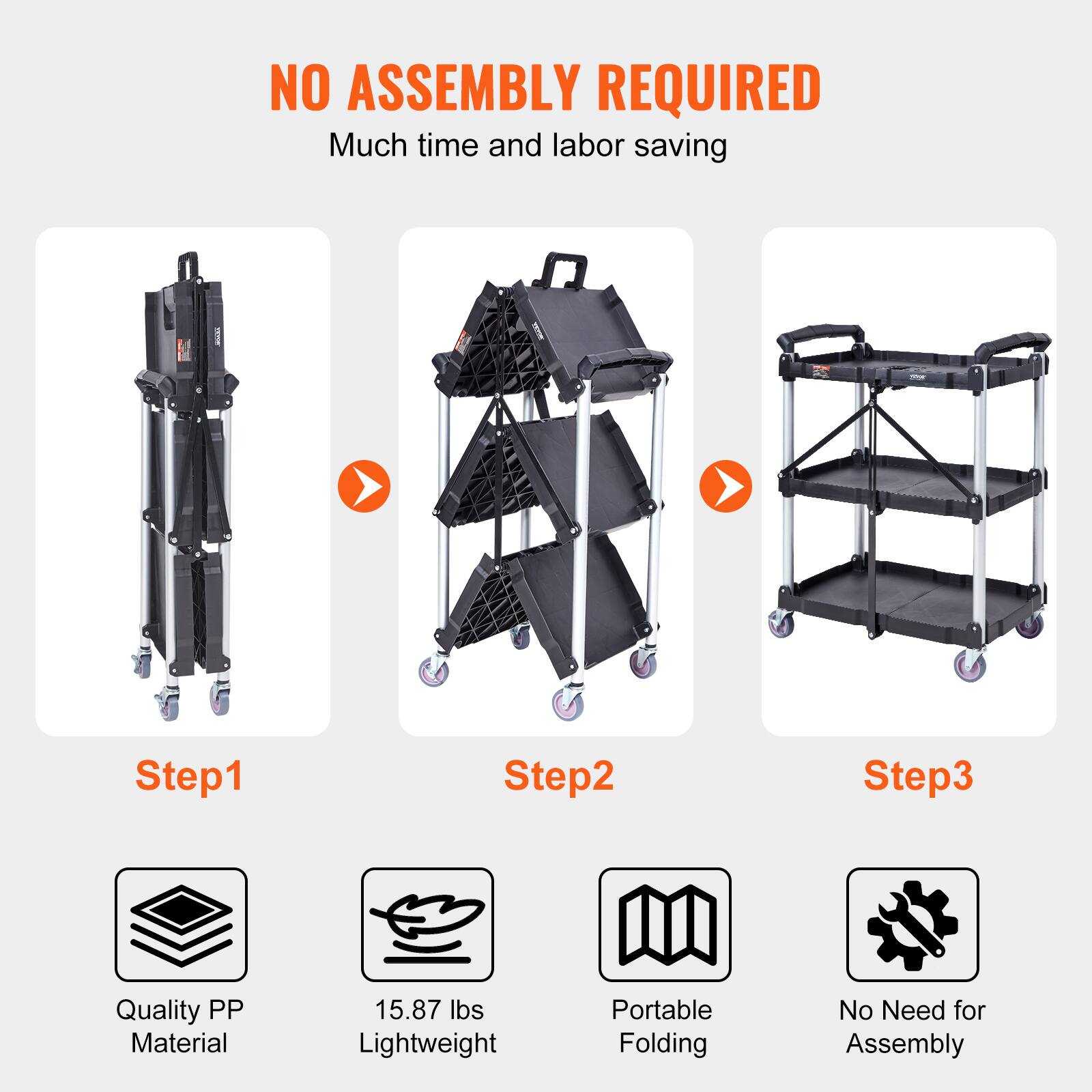 NO ASSEMBLY REQUIRED
Much time and labor saving

Step1
Step2
Step3

Quality PP Material
15.87 lbs Lightweight
Portable Folding
No Need for Assembly