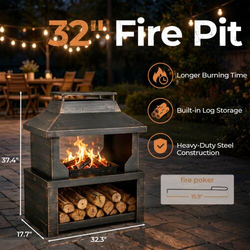 32" Fire Pit

- Longer Burning Time
- Built-in Log Storage
- Heavy-Duty Steel Construction

Dimensions:
- Height: 37.4"
- Width: 17.7"
- Depth: 32.3"

Fire Poker:
- Length: 15.9"