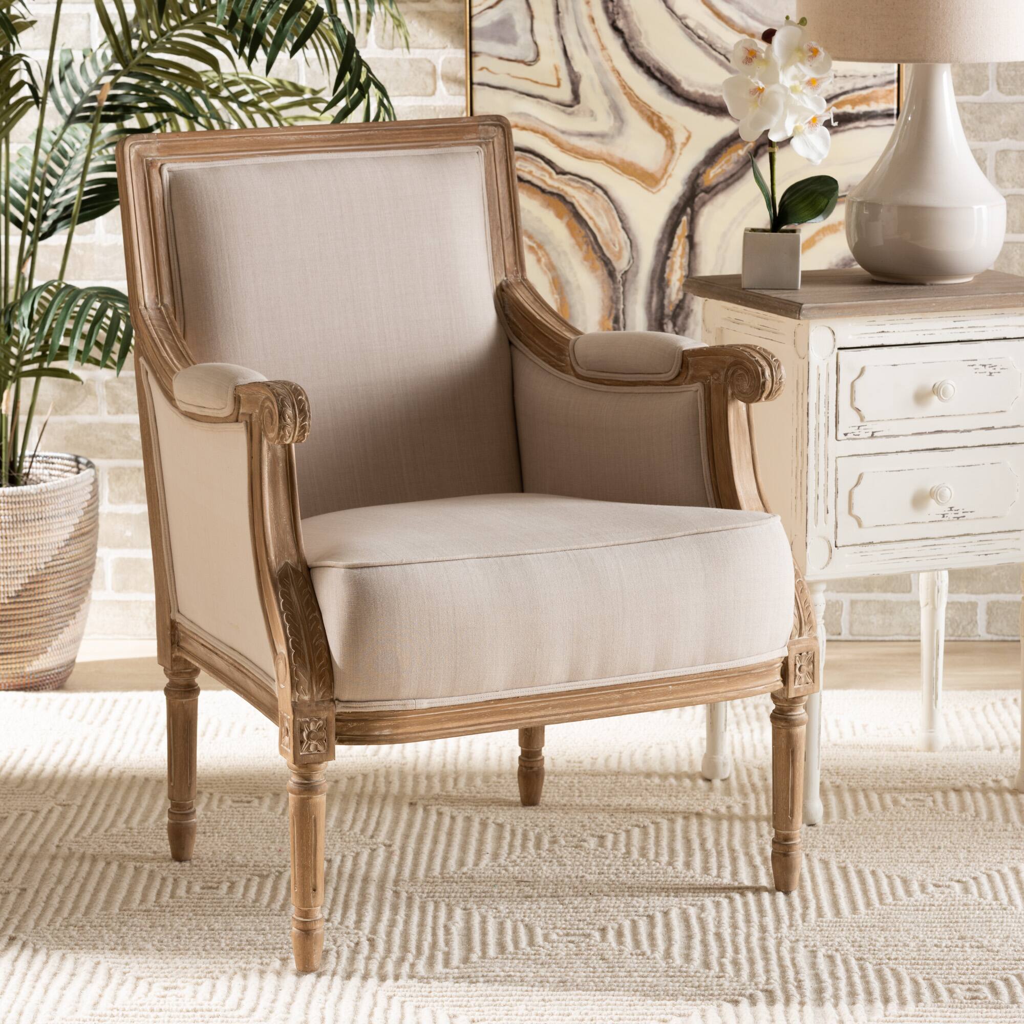 Alt View 4. Baxton Studio - Chavanon Wood & Linen Traditional French Accent Chair - Light Beige/Natural.