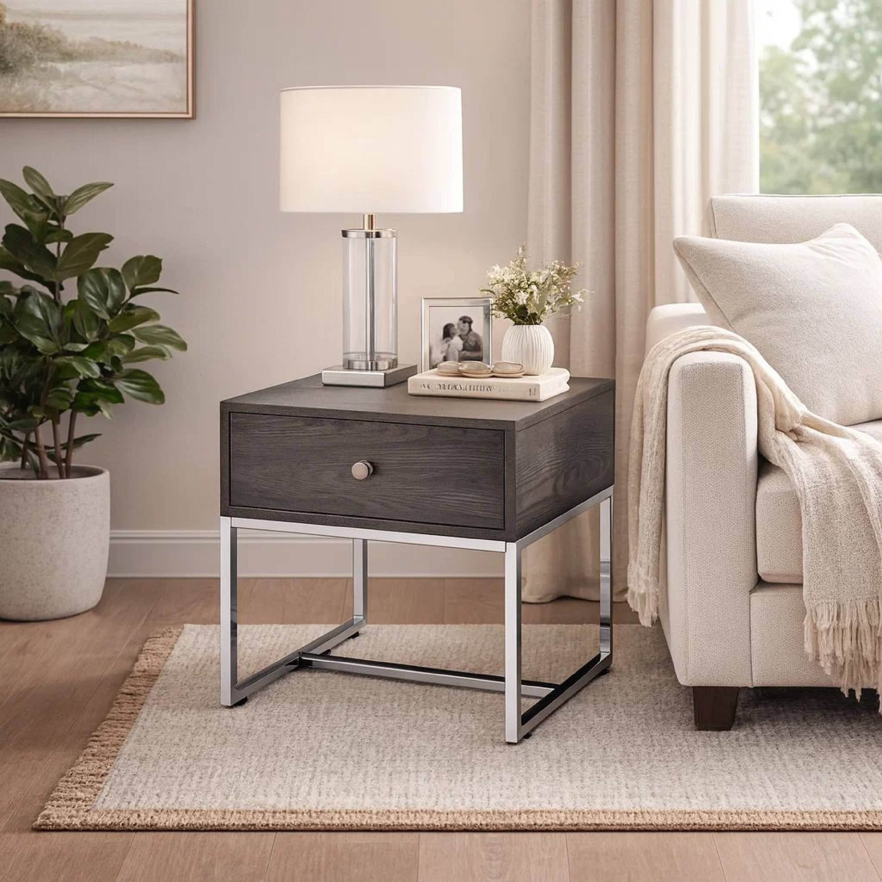Alt View 8. Manhattan Lane - Wooden End Table with Tubular Metal Base and Spacious Drawer - Gray and Silver.