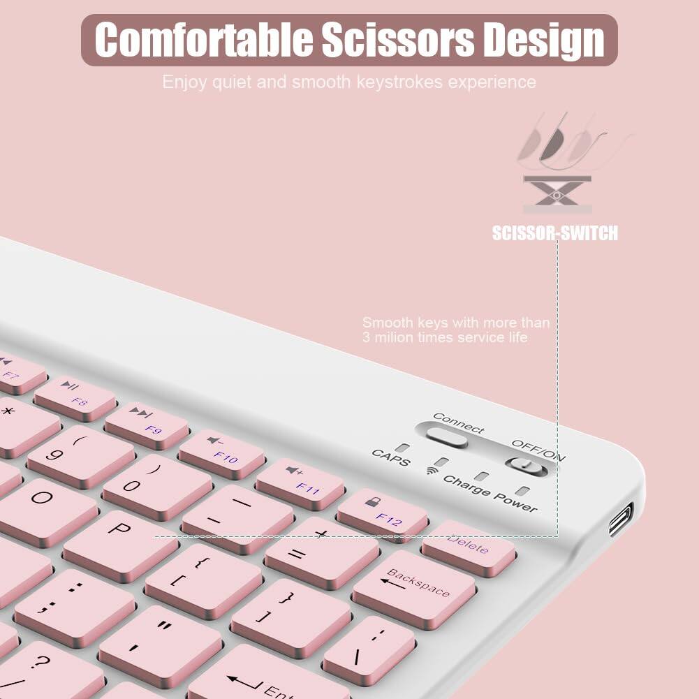 Comfortable Scissors Design  
Enjoy quiet and smooth keystrokes experience  

SCISSOR-SWITCH  

Smooth keys with more than 3 million times service life  

Connect  
CAPS  
Charge Power  
OFF/ON