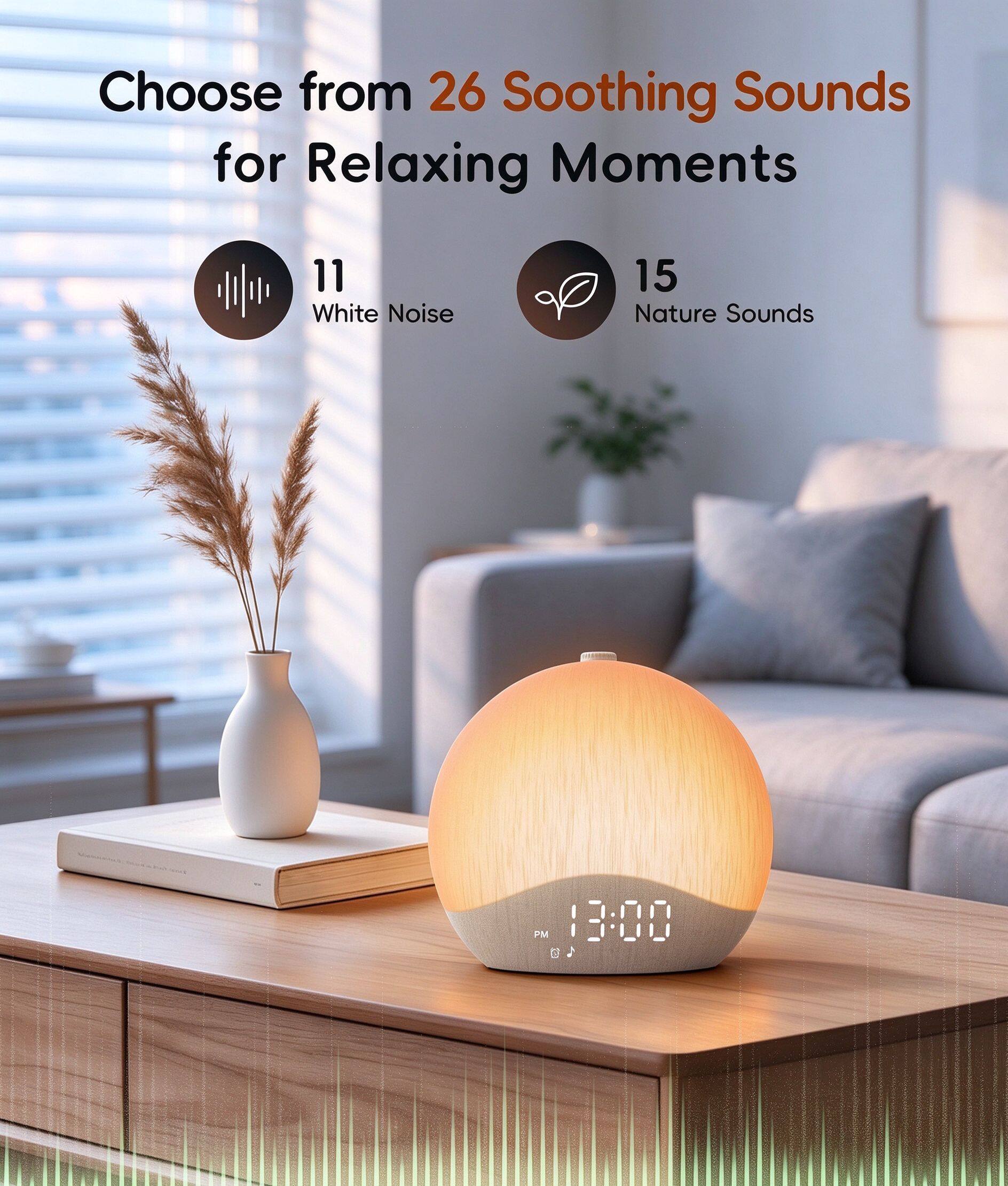 Choose from 26 Soothing Sounds for Relaxing Moments

11 White Noise

15 Nature Sounds

PM 13:00