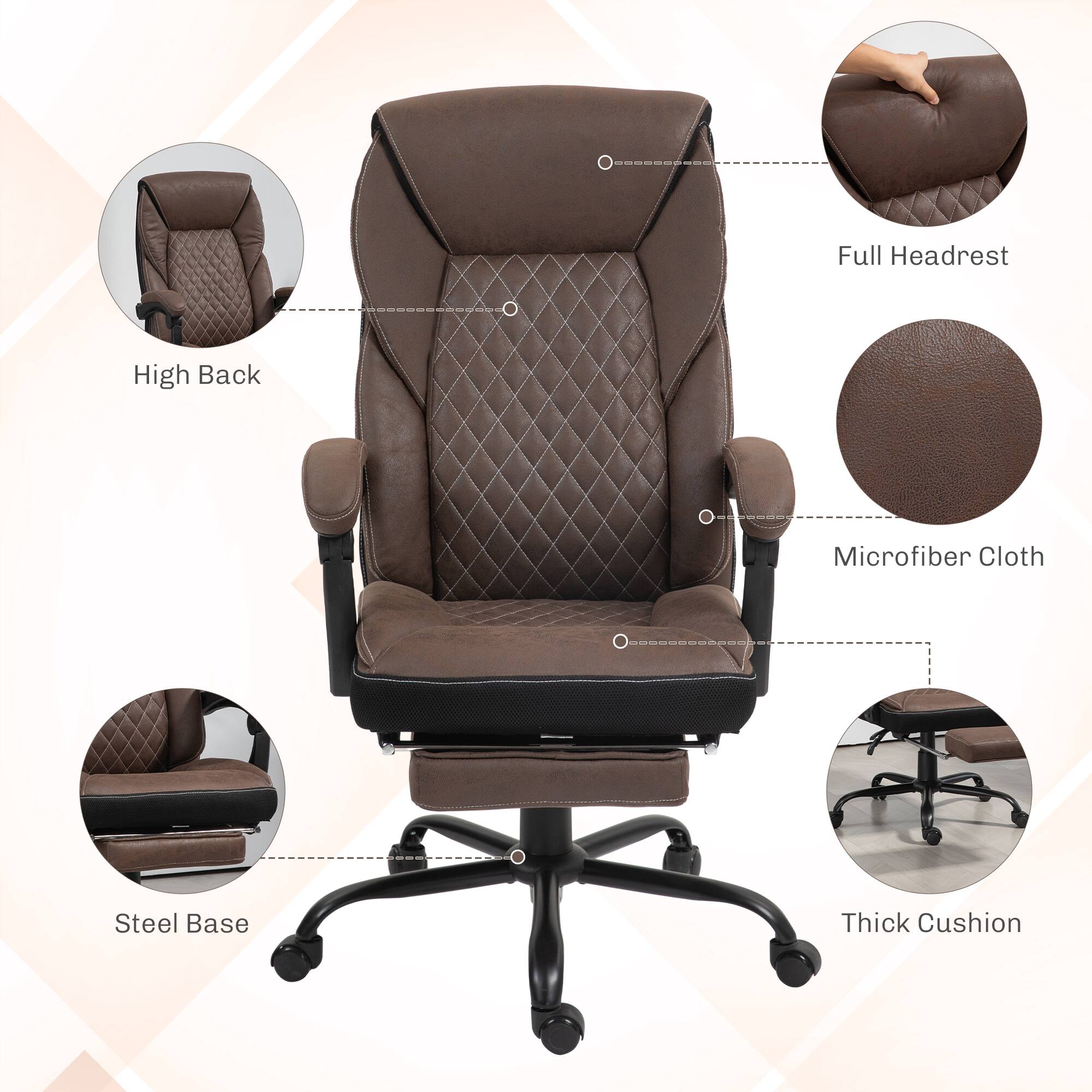 - Full Headrest
- High Back
- Microfiber Cloth
- Steel Base
- Thick Cushion