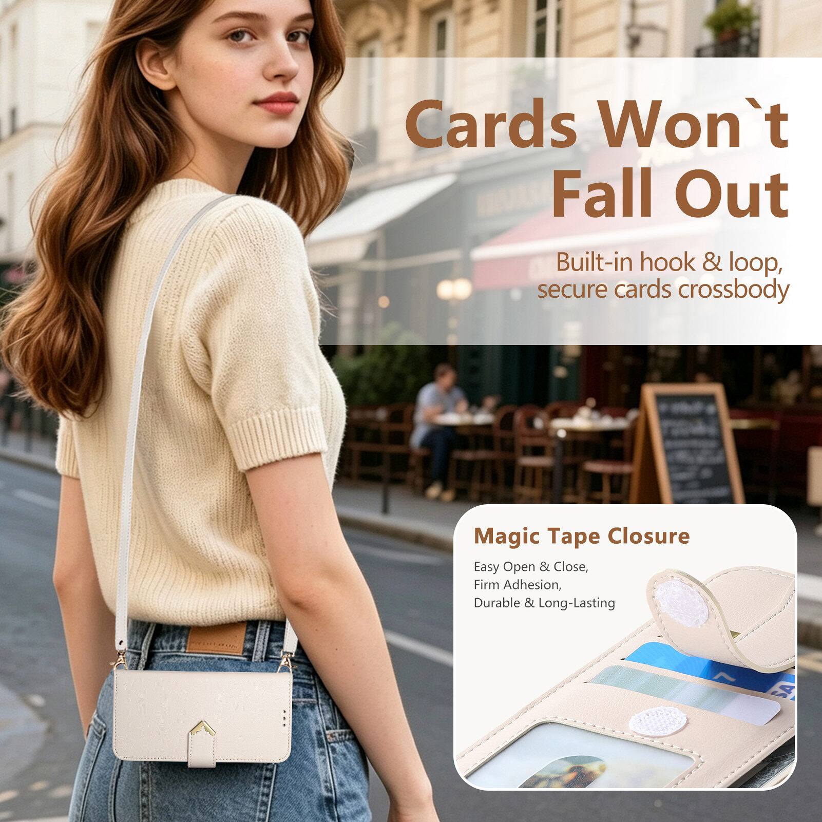 Cards Won't Fall Out  
Built-in hook & loop, secure cards crossbody  

Magic Tape Closure  
Easy Open & Close, Firm Adhesion, Durable & Long-Lasting