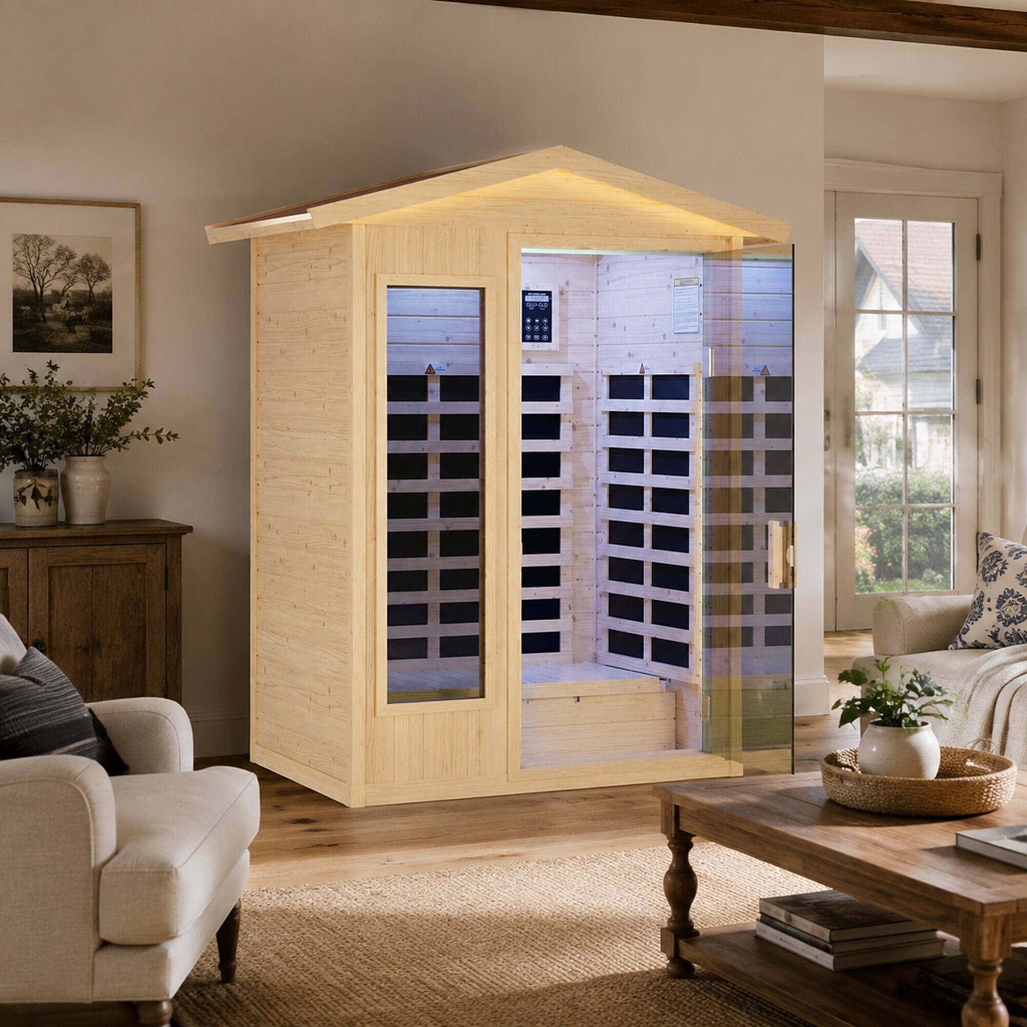 Alt View 1. RYHNUYNE - XY-902VY Far Infrared Sauna Room, Norway Spruce Construction, 6 Heating Plates, 1850W, Indoor Outdoor Use - Natural Wood.