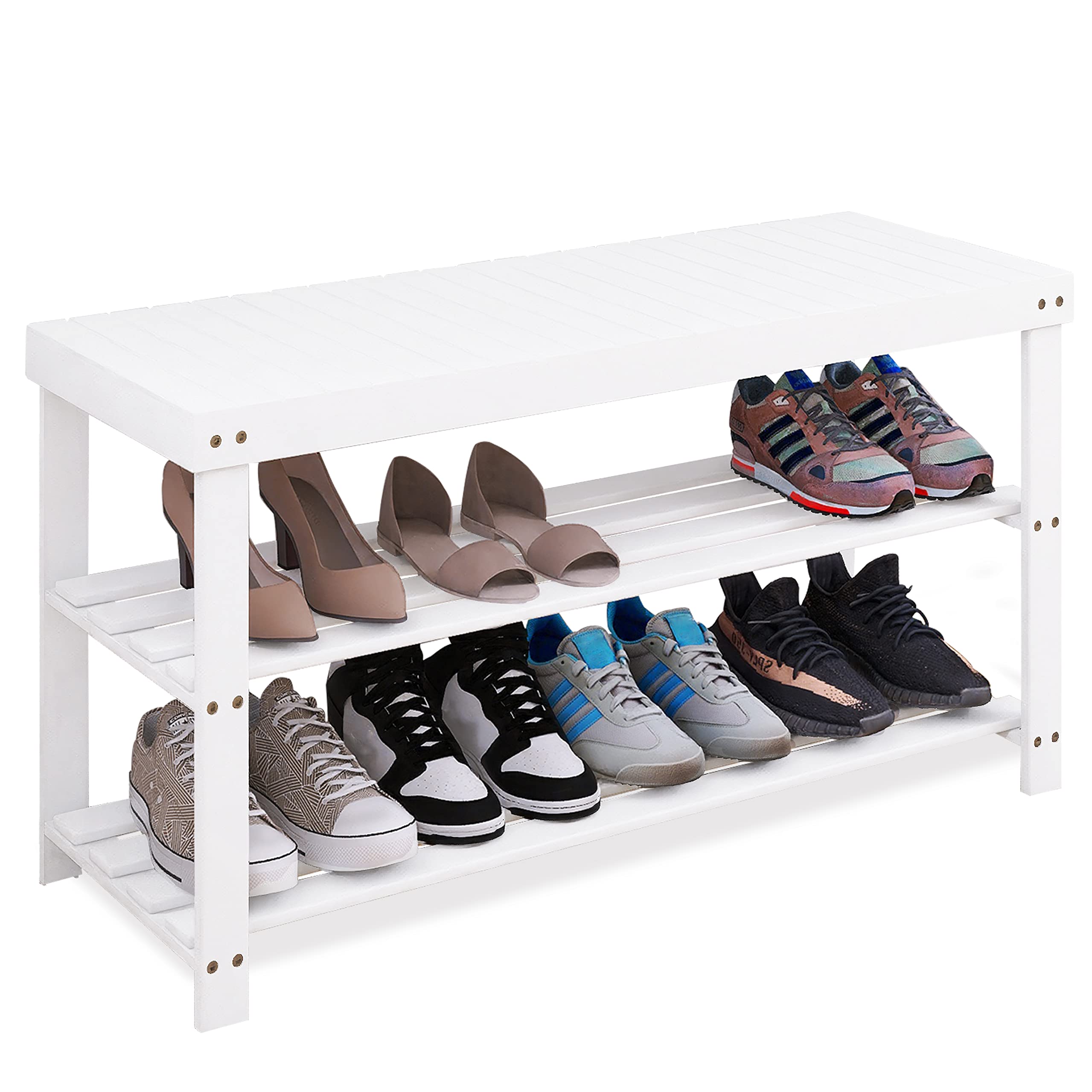 Front. JETRANSPORT - Sturdy Shoe Rack Bench 3-tier Organizer Storage Shelf For Entryway Hallway Bathroom Living Room (dark Brown) - White 33 86 x 11 23 x 17 9 inches.