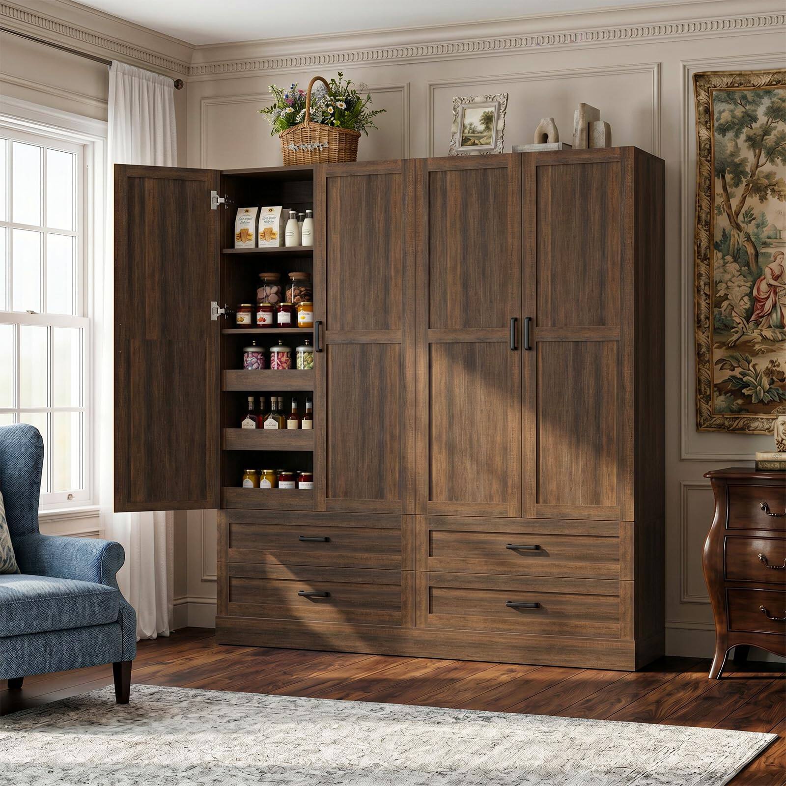 Alt View 2. Aheaplus - 71" Tall 2-Piece Pantry Cabinet Set with Pull-Out Shelves & Drawers,Ships in 4 packages - Walnut.