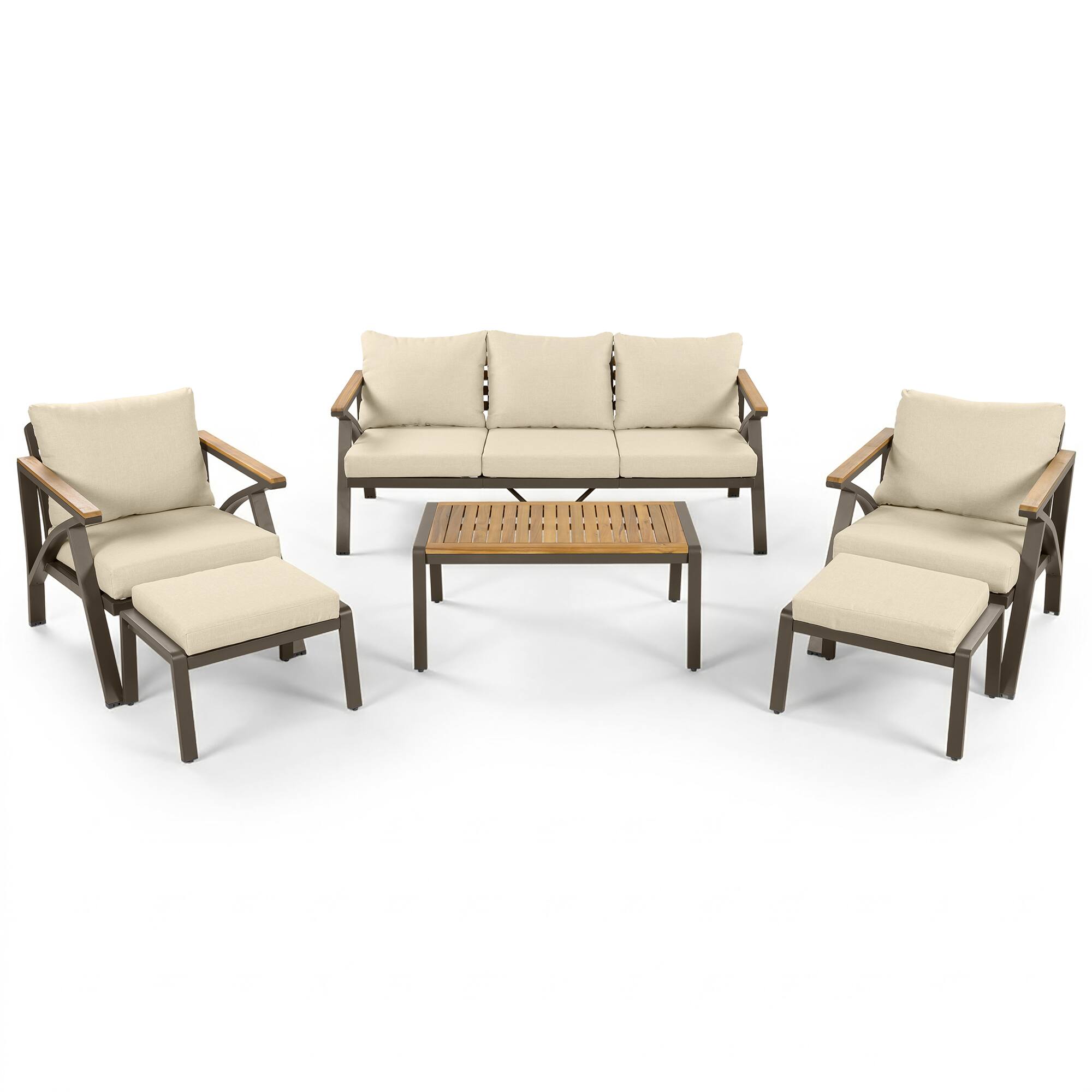 Back. Whisen - 6-Piece Outdoor Patio Furniture Set with Acacia Wood Table, Steel Sofa, Armchairs & Ottomans for Garden - Brown|Beige.