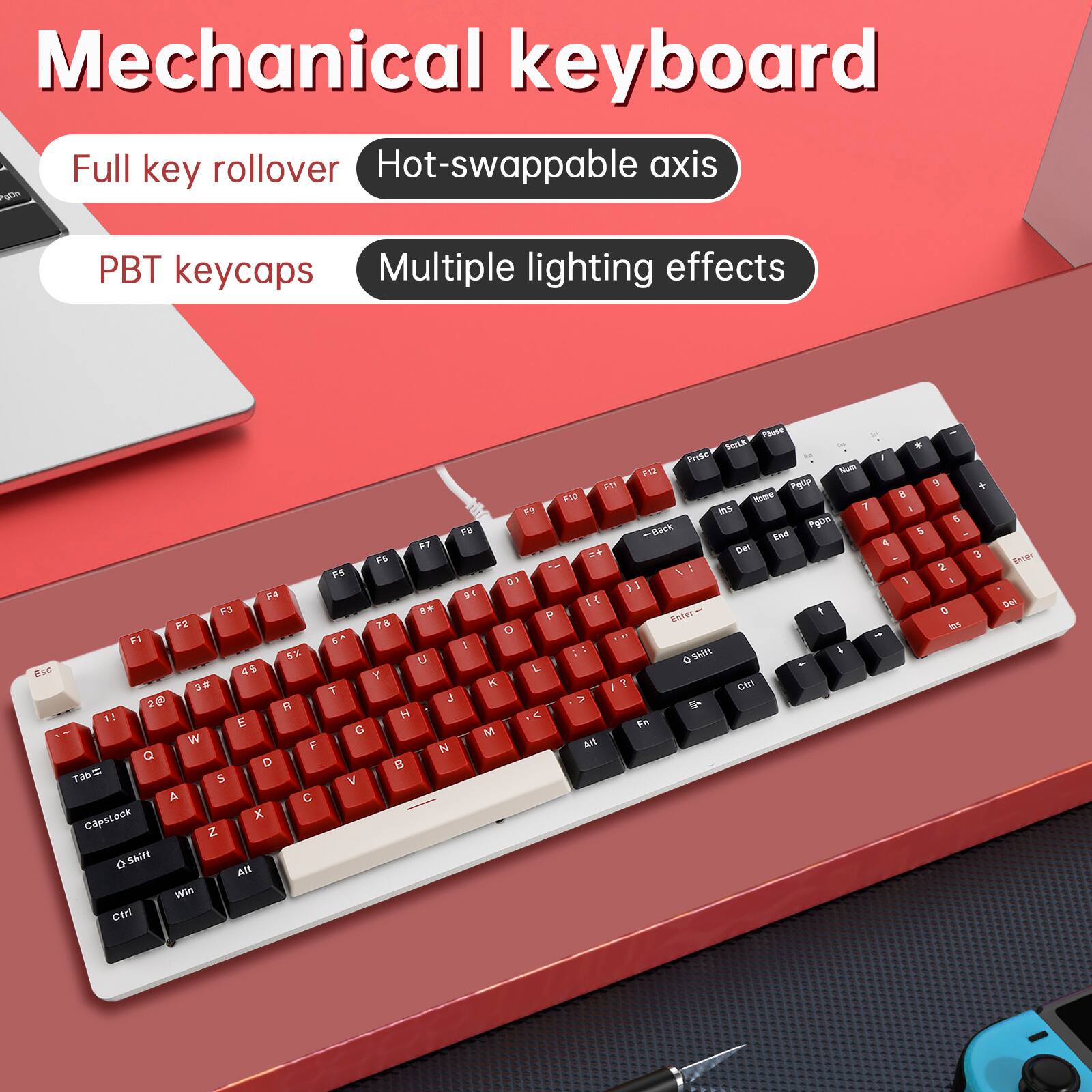 Mechanical keyboard  
Full key rollover  
Hot-swappable axis  
PBT keycaps  
Multiple lighting effects