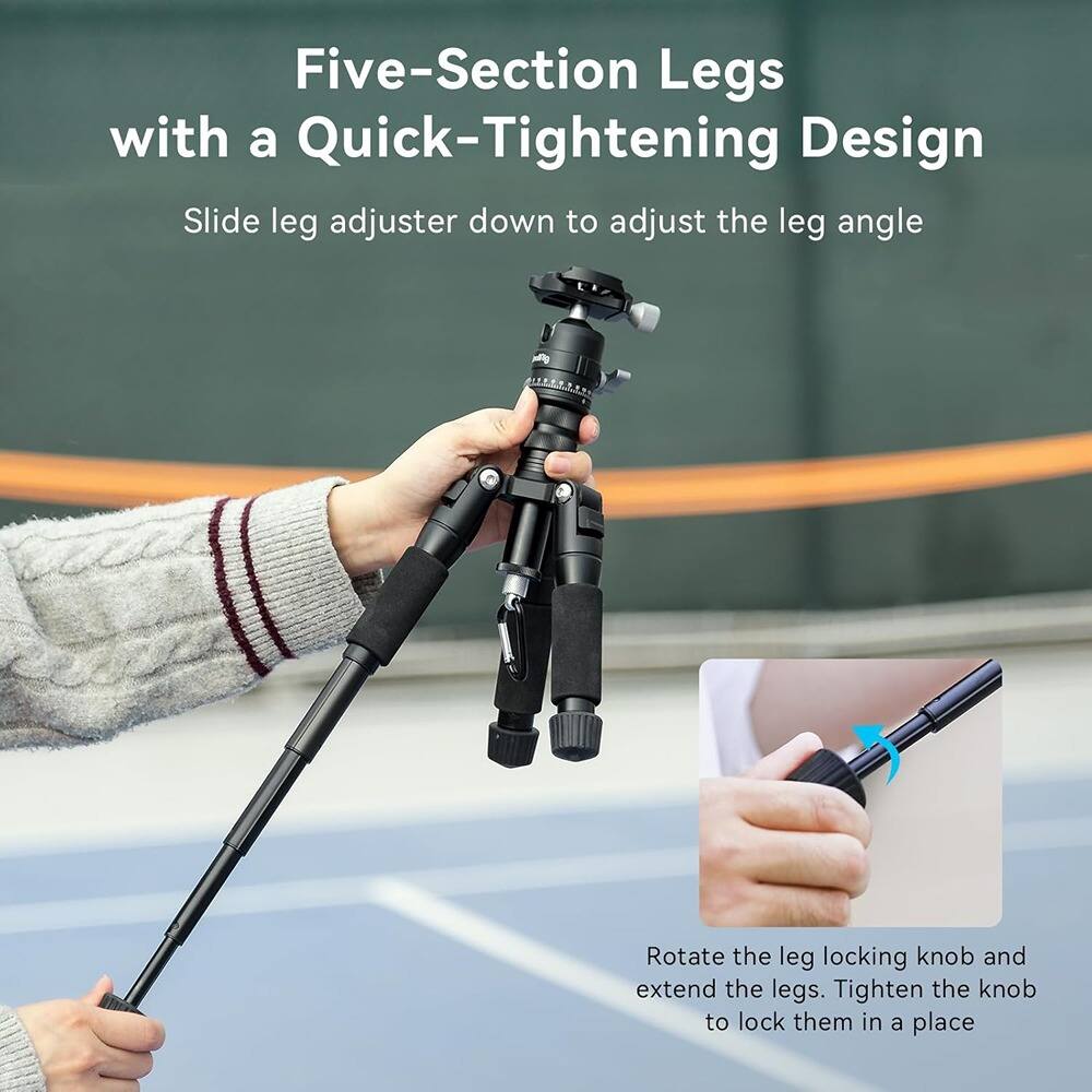 Five-Section Legs with a Quick-Tightening Design

Slide leg adjuster down to adjust the leg angle

Rotate the leg locking knob and extend the legs. Tighten the knob to lock them in place