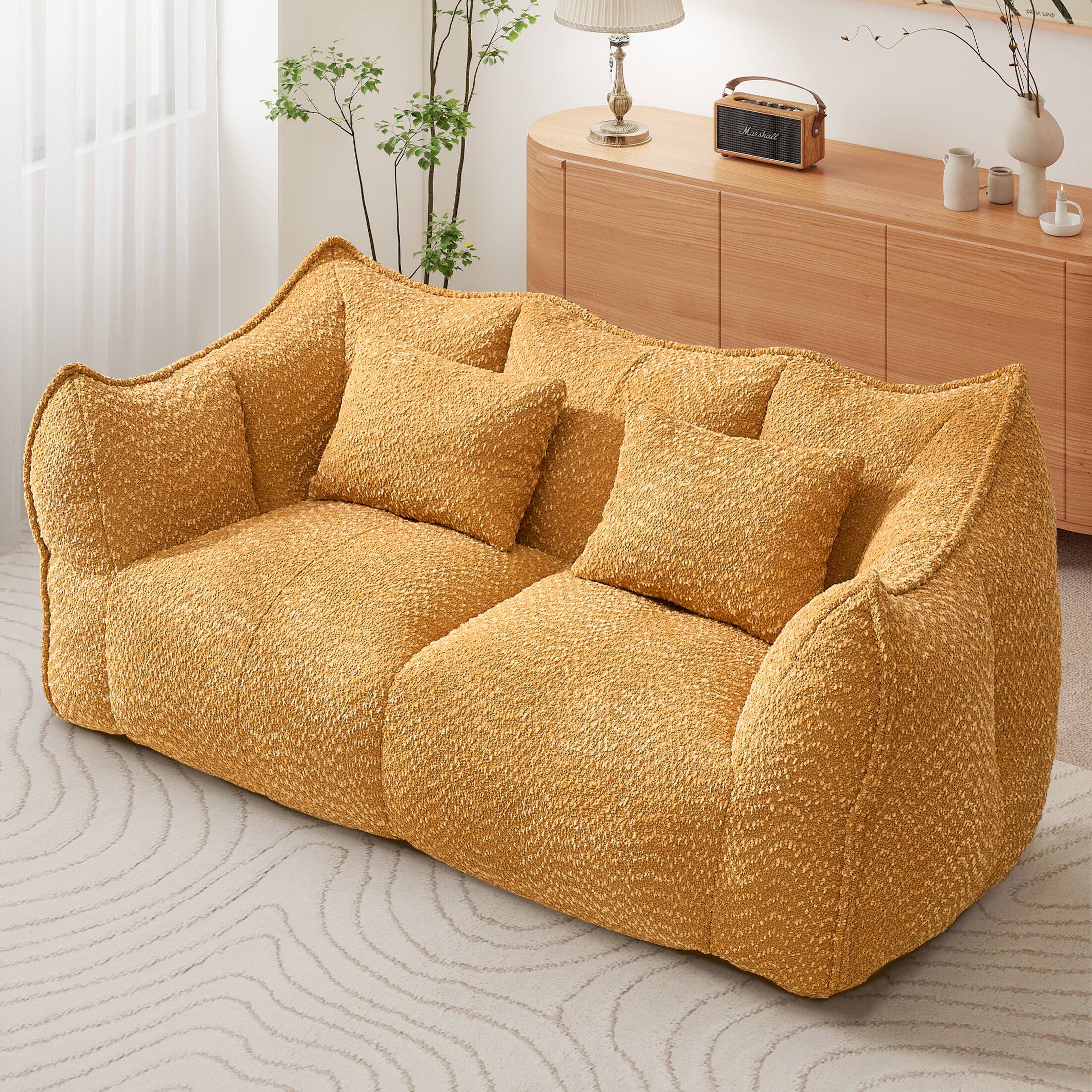 Angle. Aukfa - Soft Beanbag Chair with High Resilience Foam Core - Square Recliner Sofa for Two People, Gaming/Reading/TV - Yellow.