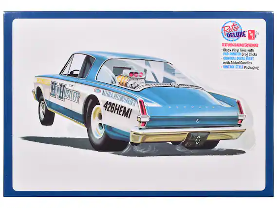 Sure, here is the corrected and grouped text from the image:
---
**Front of the Car:**
- PLYMOUTH
- HEMI HUSTLER
- NHRA RECORD HOLDER
- 426HEMI
**Right Side of the Car:**
- PLYMOUTH
**Top Right Corner:**
- Retro DELUXE
- a m t
**Features/Caractéristiques:**
- Black Vinyl Tires with PAD PRINTED Drag Slicks
- ORIGINAL DECAL SHEET with Added Goodies
- VINTAGE STYLE Packaging
---