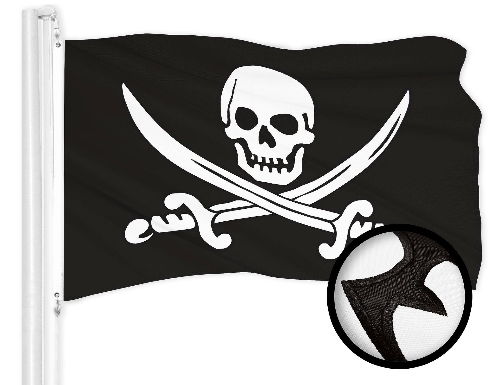 Front. G128 - Pirate Jolly Roger Swords Flag, 3 x 5 ft Embroidered 300D Polyester with Brass Grommets. - Assorted Colors.