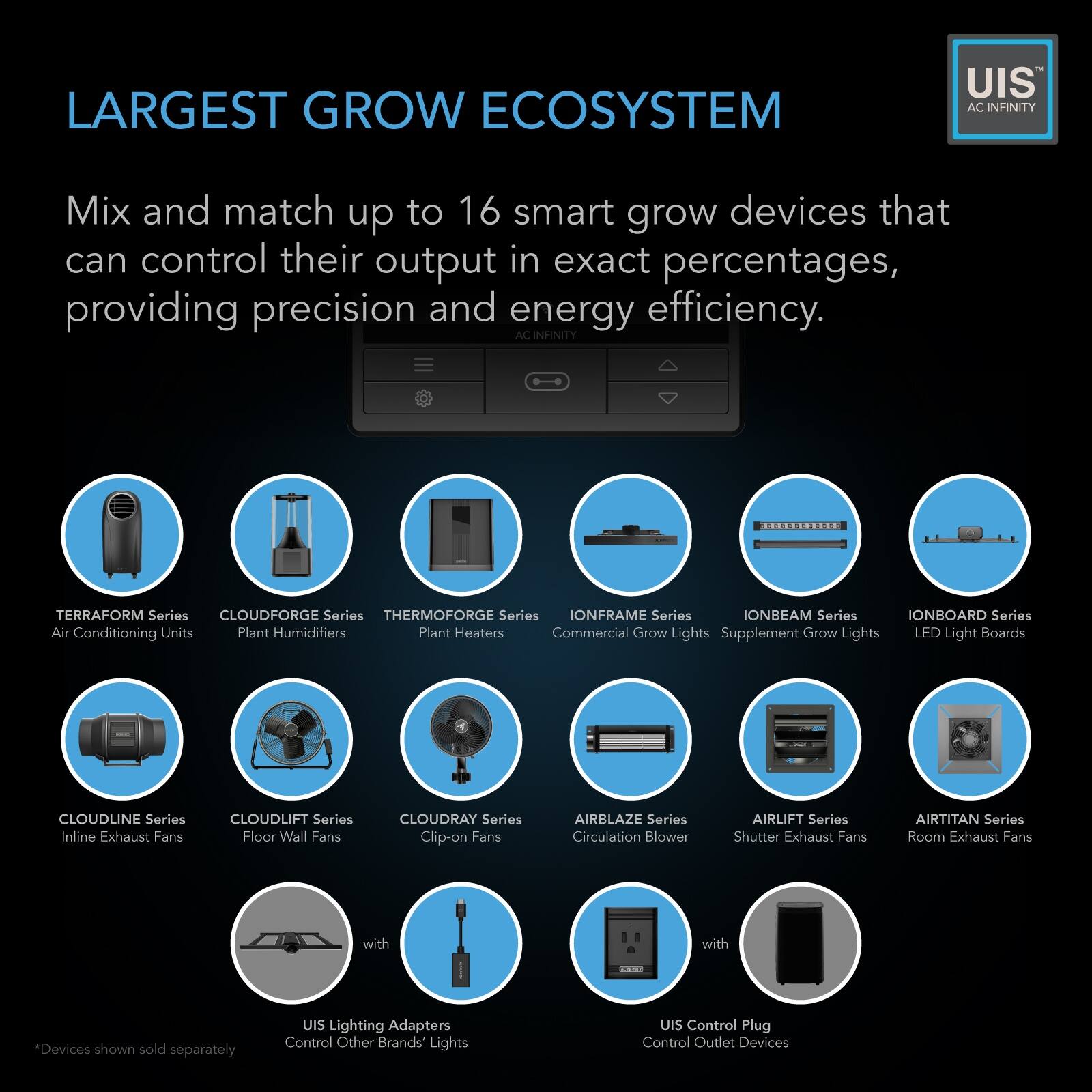 LARGEST GROW ECOSYSTEM

Mix and match up to 16 smart grow devices that can control their output in exact percentages, providing precision and energy efficiency.

AC INFINITY

TERRAFORM Series  
CLOUDFORGE Series  
THERMOFORGE Series  
IONFRAME Series  
IONBEAM Series  
IONBOARD Series  
Air Conditioning Units  
Plant Humidifiers  
Plant Heaters  
Commercial Grow Lights  
Supplement Grow Lights  
LED Light Boards  

CLOUDLINE Series  
Inline Exhaust Fans  

CLOUDLIFT Series  
Floor Wall Fans  

CLOUDRAY Series  
Clip-on Fans  

AIRBLAZE Series  
Circulation Blower  

AIRLIFT Series  
Shutter Exhaust Fans  

AIRTITAN Series  
Room Exhaust Fans  

with  
UIS Lighting Adapters  
Control Other Brands' Lights  

with  
UIS Control Plug  
Control Outlet Devices  

*Devices shown sold separately