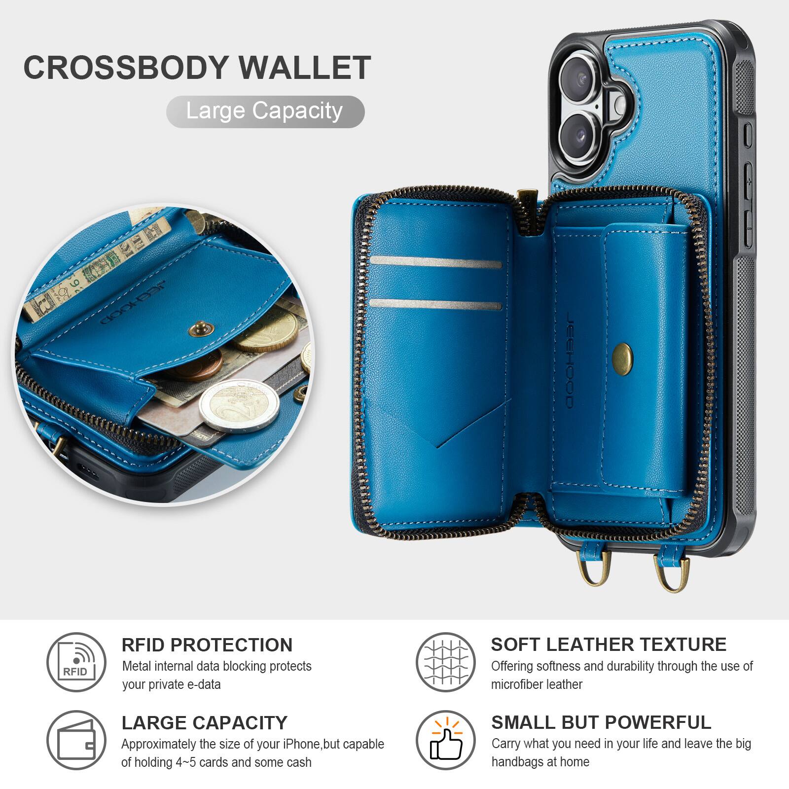 CROSSBODY WALLET  
Large Capacity  

RFID PROTECTION  
Metal internal data blocking protects your private e-data  

LARGE CAPACITY  
Approximately the size of your iPhone, but capable of holding 4-5 cards and some cash  

SOFT LEATHER TEXTURE  
Offering softness and durability through the use of microfiber leather  

SMALL BUT POWERFUL  
Carry what you need in your life and leave the big handbags at home