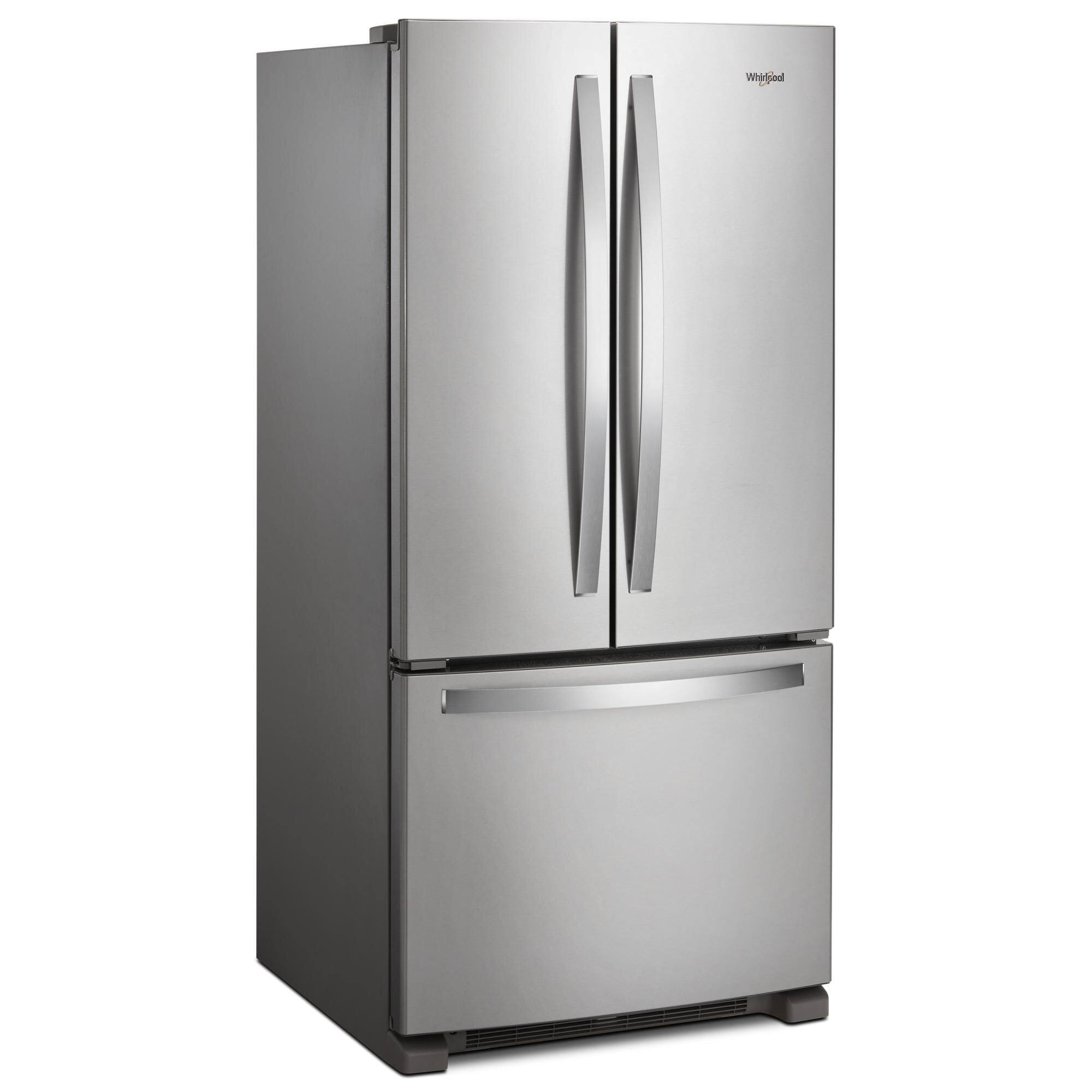 Left. Whirlpool - 22 cu. ft. French Door Refrigerator with Humidity-Controlled Crispers - Fingerprint Resistant Stainless Steel.