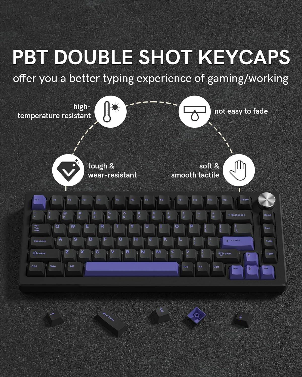 PBT DOUBLE SHOT KEYCAPS offer you a better typing experience of gaming/working. They are high-temperature resistant, not easy to fade, tough & wear-resistant, and have a soft & smooth tactile feel.