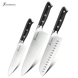 Kitcheniva - 3-Piece German Stainless Steel Kitchen Knife Set with Ebony Wood Handle