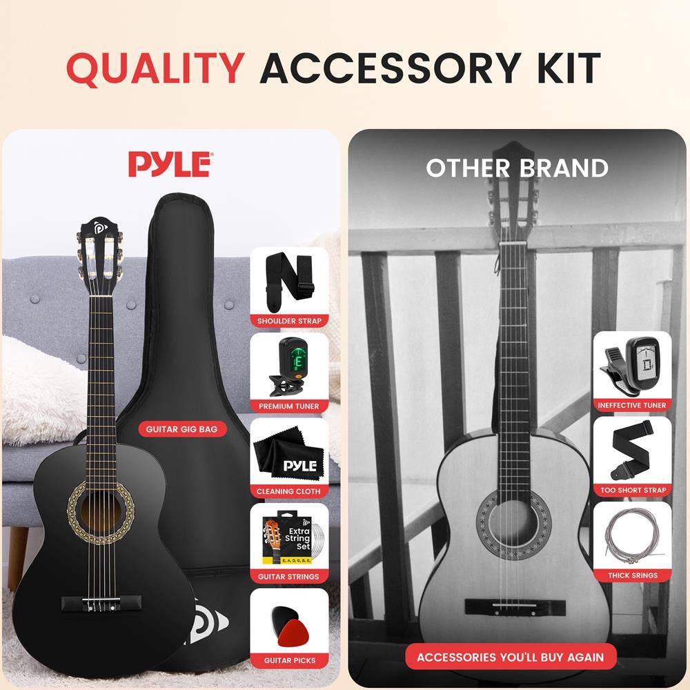 QUALITY ACCESSORY KIT

PYLE

- GUITAR GIG BAG
- SHOULDER STRAP
- PREMIUM TUNER
- CLEANING CLOTH
- EXTRA STRING SET
- GUITAR STRINGS
- GUITAR PICKS

OTHER BRAND

- INEFFECTIVE TUNER
- TOO SHORT STRAP
- THICK STRINGS

ACCESSORIES YOU'LL BUY AGAIN