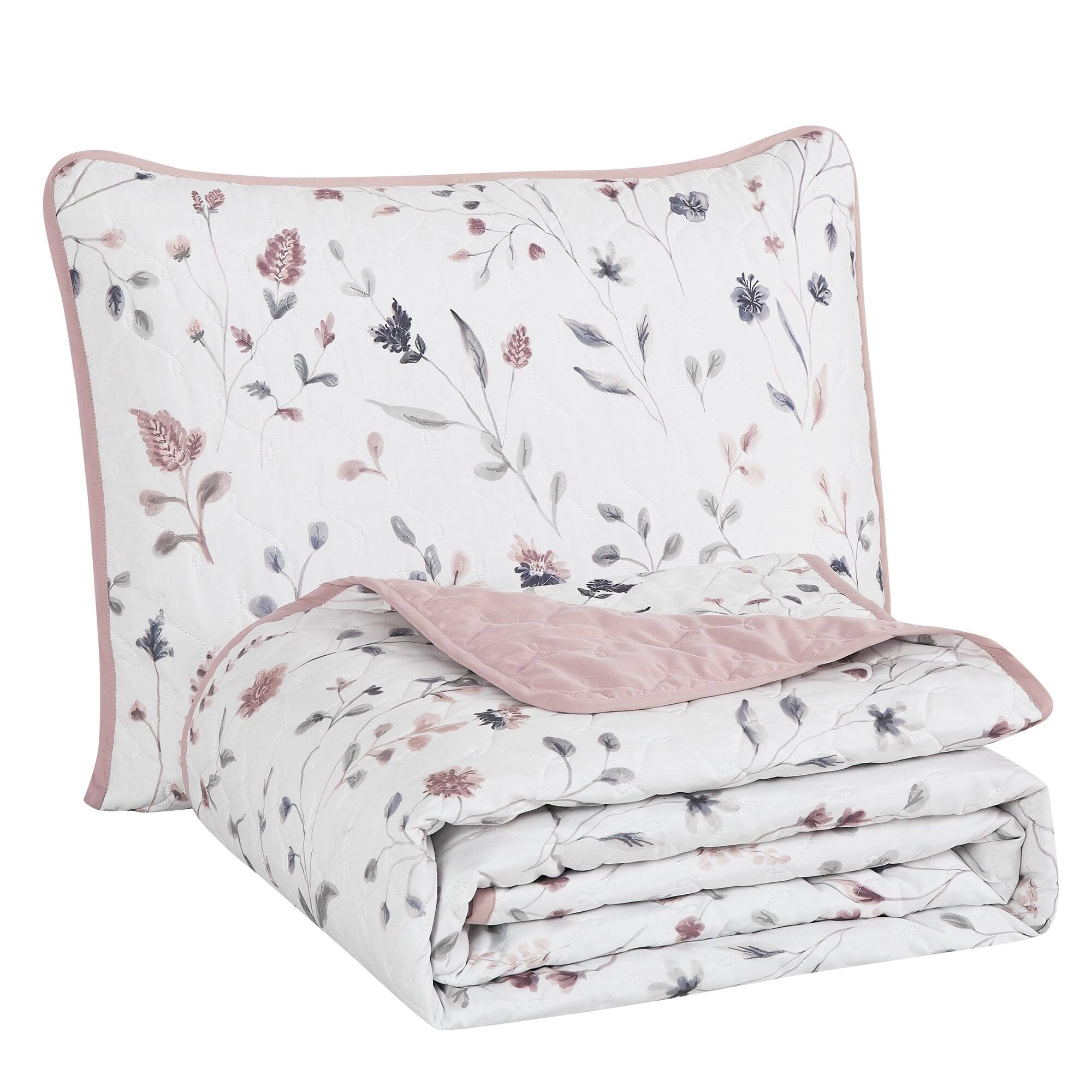 Alt View 1. MarCielo - MarCielo 3 Piece Lightweight Quilt Bedspread Set Reversible Floral Botanical - Pink Wildflower.